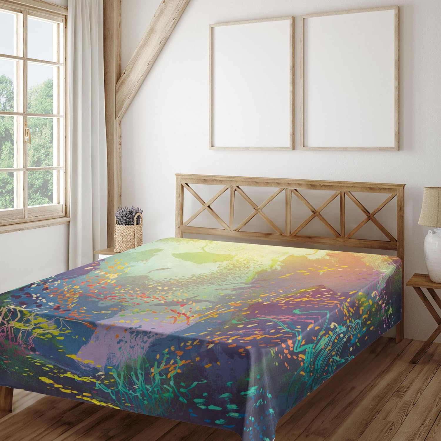 Ambesonne Sea Animals Flat Sheet, Underwater with Coral Reef and Colorful Fish Aquarium Print, Soft and Comfortable Top Sheet Decorative Bedding 1 Piece, Full Size, Turquoise Yellow Pink