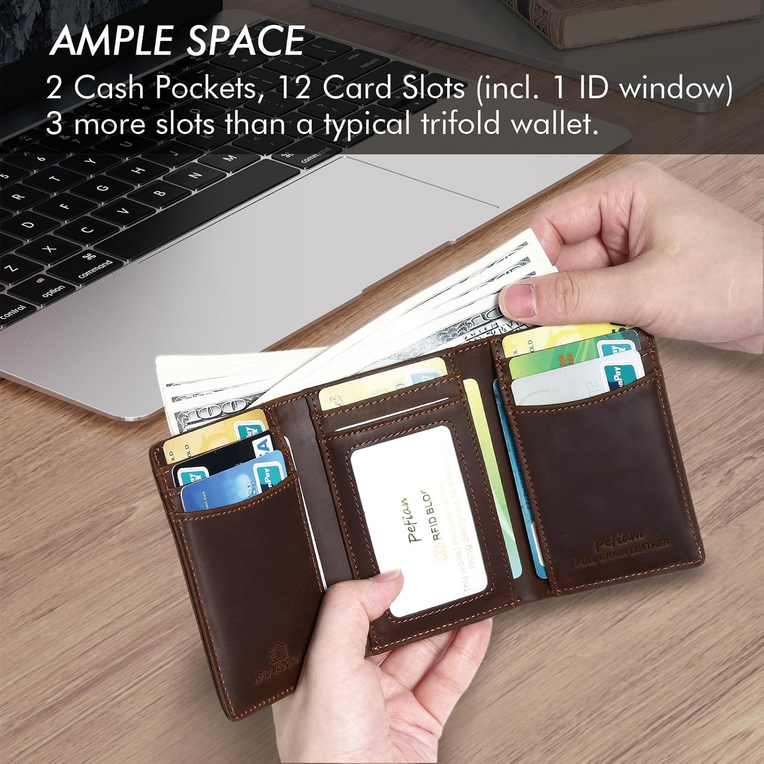 Trifold Leather Wallet for Men RFID Blocking – Mens Trifold Wallet Leather with 12 Card Slots, Gift for Men, American Flag Wallet Dark Brown - Image 2