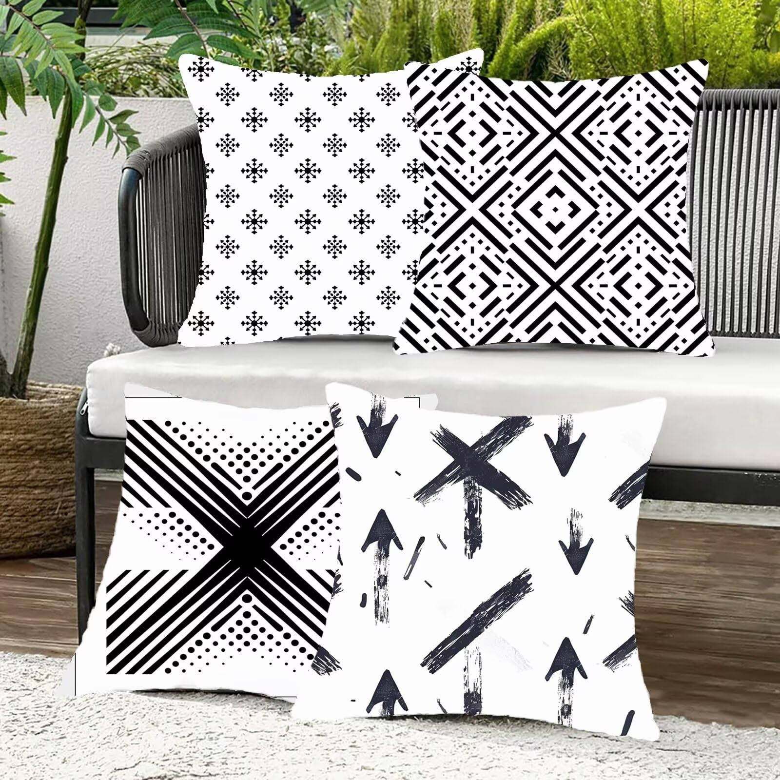 Kissenbezug 60x60 cm modern 4er Set Sofakissen Superweichem Doppelnähten Versteckter Reißverschluss Schwarz und Weiß Outdoor Kissen Leinen gelten für Terrassen-Gartenbank Wohndeko Schlafzimmer L-T