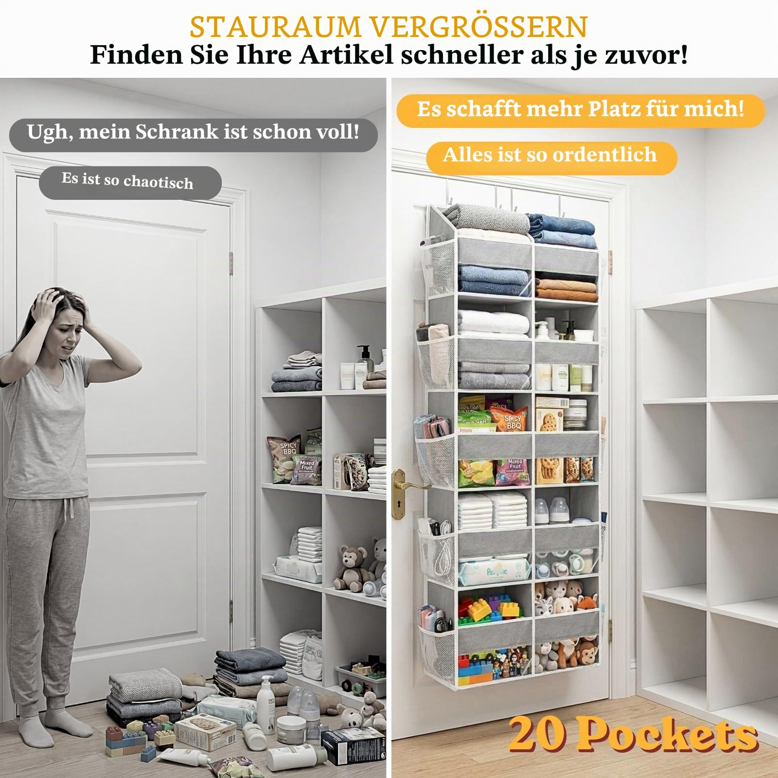 Tür-Organizer, 5-stöckig, extra groß, hinter der Tür, mit 10 großen Front- und 10 Netztaschen, 36,3 kg Kapazität, Hängeaufbewahrung mit transparentem Fenster, Kinderspielzeug, Schuhe, Windeln,