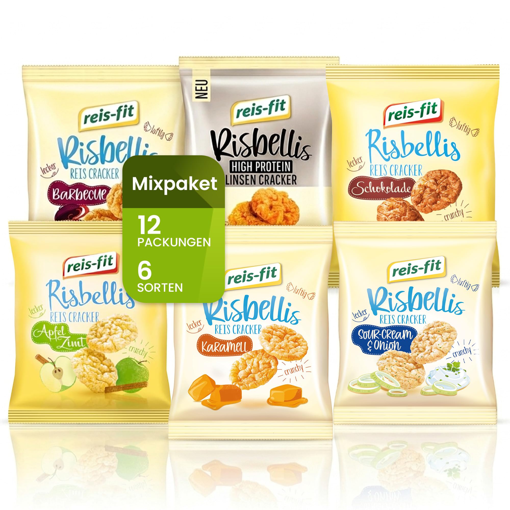 EKERA – reis-fit Risbellis – 12er Mixpaket (6 x 2 Sorten) knusprige Reiscracker | Süß & herzhaft | leichte Reiswaffeln als Snack für unterwegs, Büro & zu Hause | Reis Cracker fettarm
