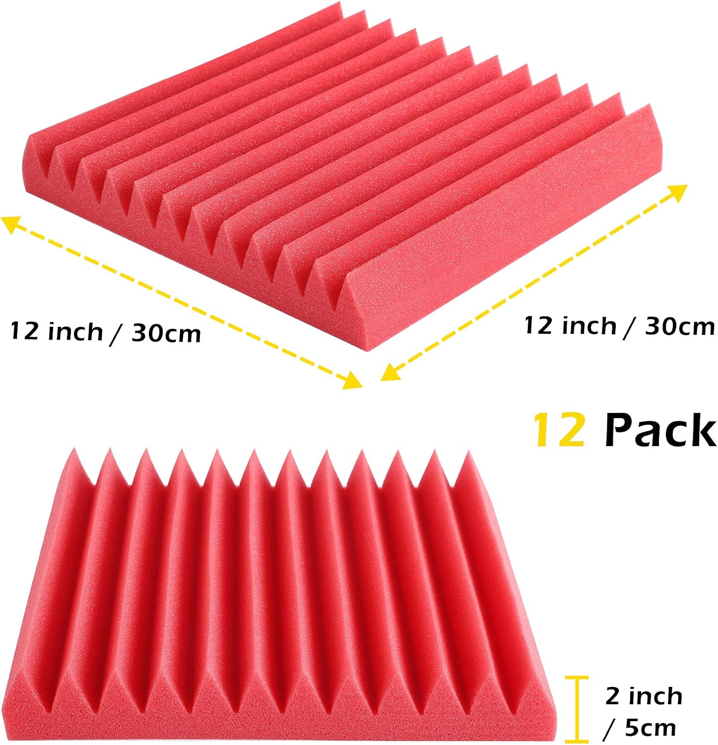 12 Pack Set Acoustic Foam Panels 2" × 12" × 12" Red Wedges Tiles Fireproof Soundproof Foam Sound Absorbing Noise Cancelling Panels for Recording Studios, Home, Offices Walls Ceiling