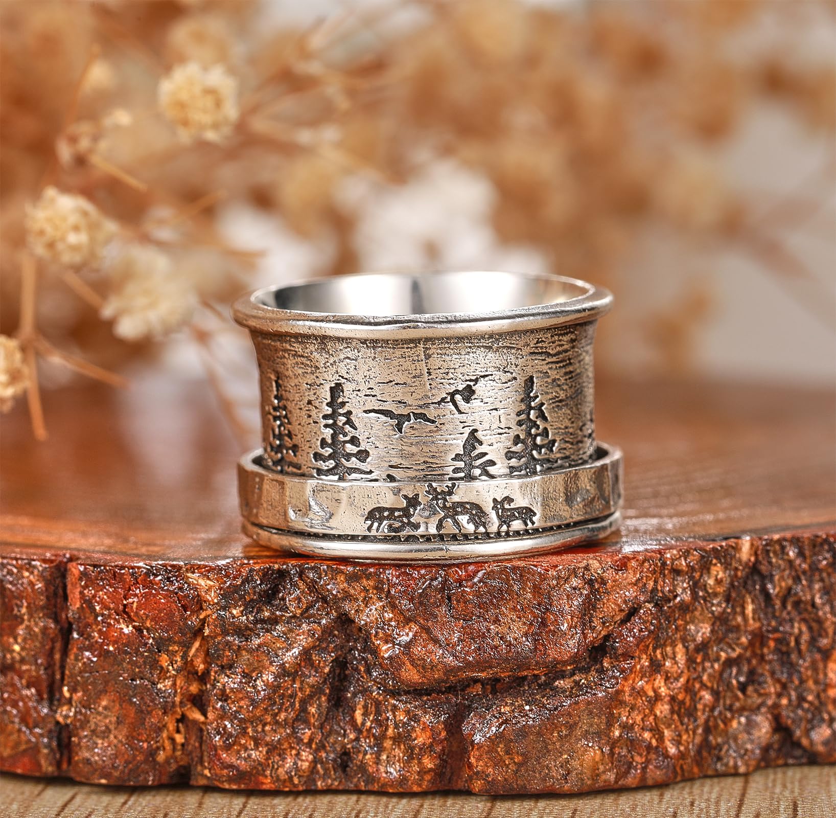 BONLAVIE Spinner Ring Damen, Lebensbaum/Drei Bären und Kiefern/Drei Hirsch und Kiefern Ring Silber 925, Breiter Band Ring, Anxiety Ring, Silberring 925 Damen, Vintage Ring Damen, Ringe Frauen