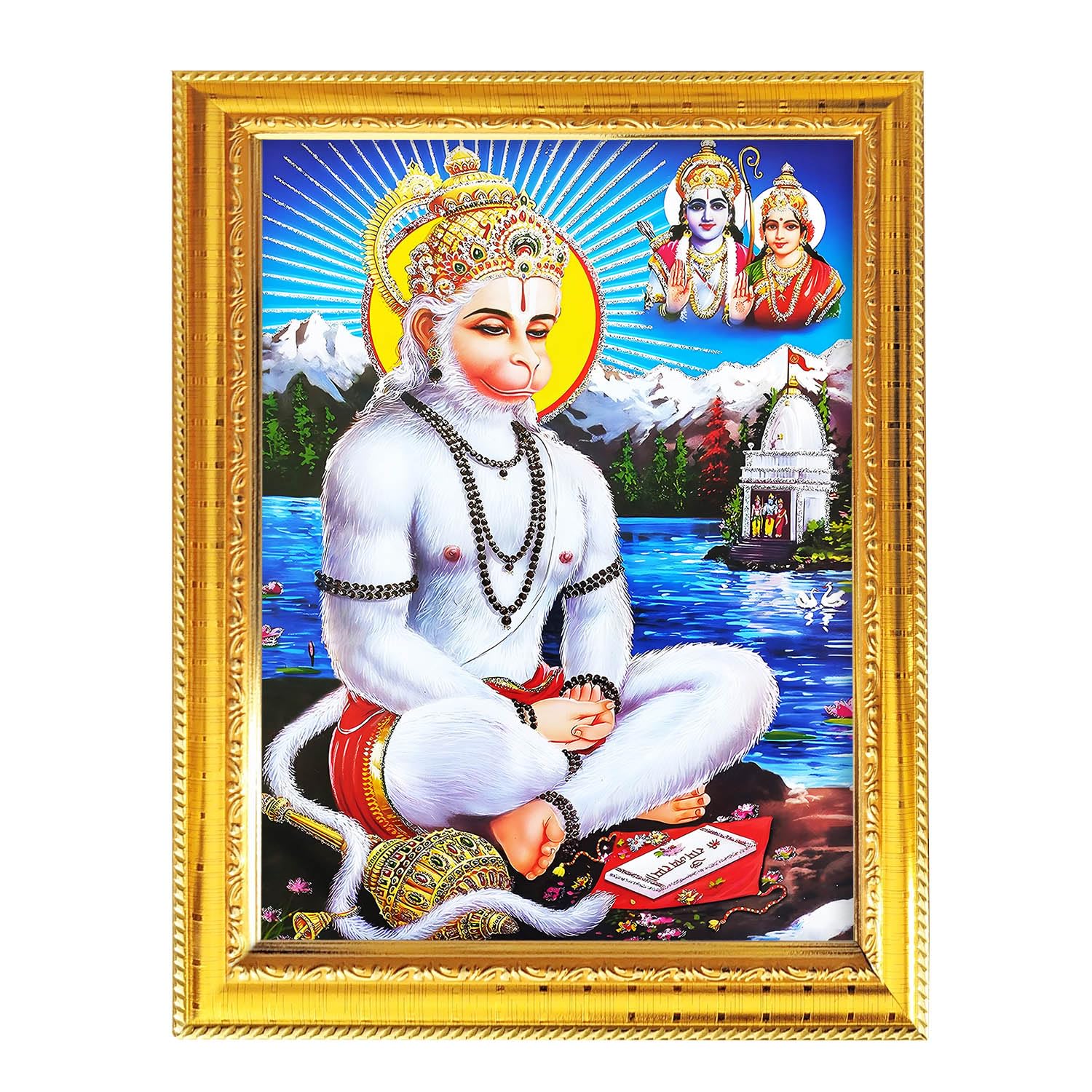 Lord Hanuman Bajrangbali Maruti Hindu God Photo With Golden Frame Table Wall Pooja Room Worship Religious Spiritual 8.3X6.5