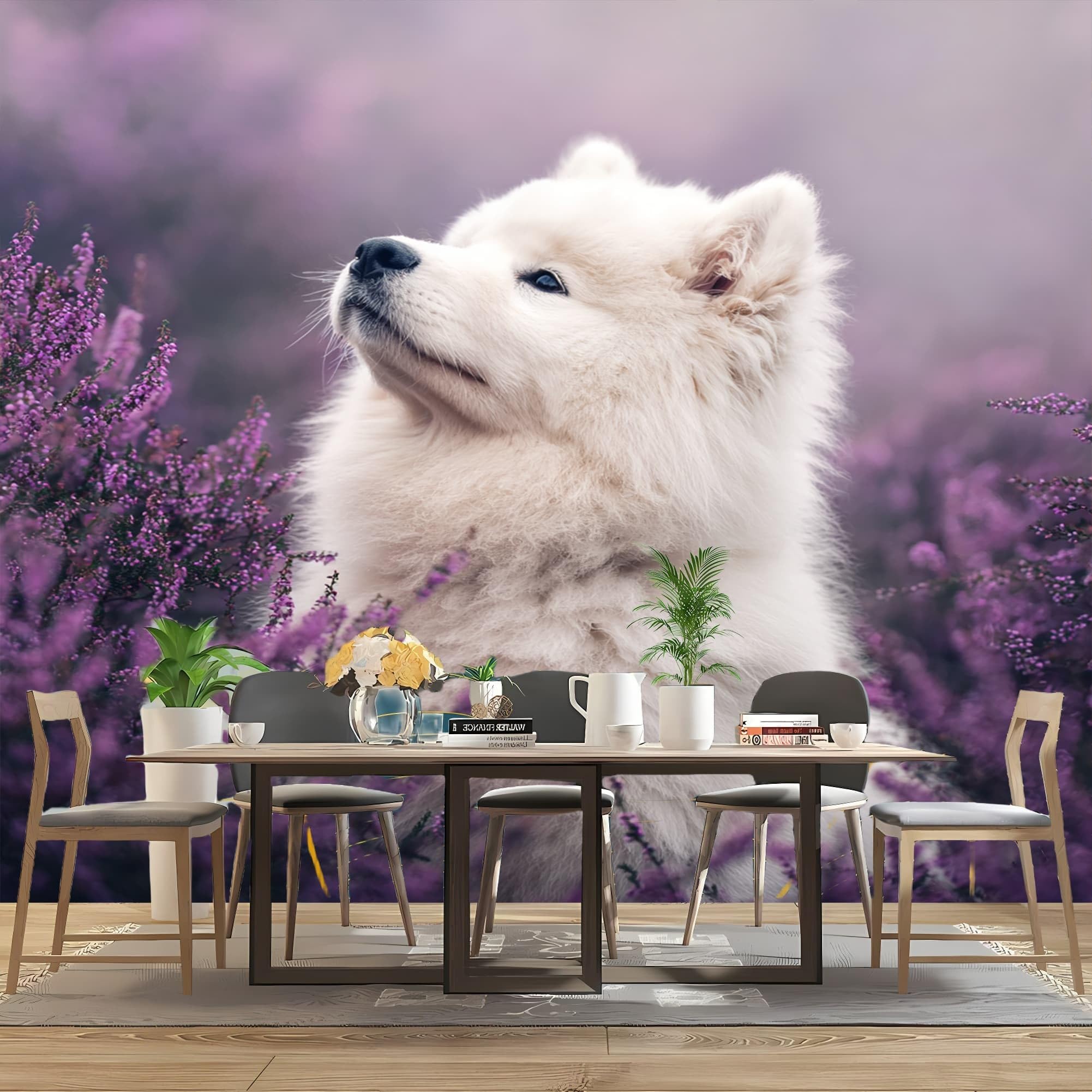 Naklejka ścienna dla dzieci tapeta do pokoju dziecięcego 350 x 256 cm pies Samoyedo 3D dekoracja ścienna naklejka na ścianę fototapeta fioletowa tapeta domowa naklejki dla dzieci dziewczynki