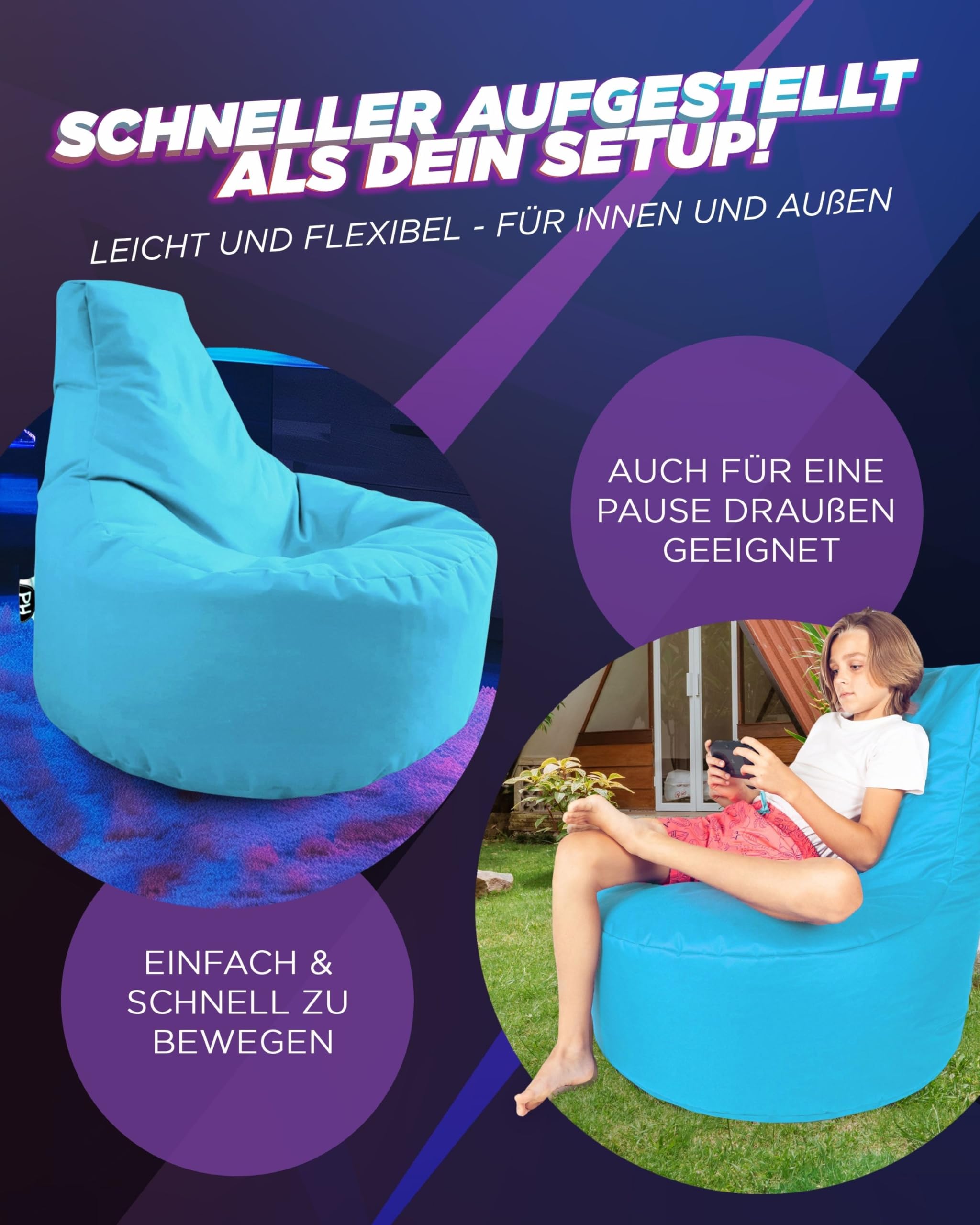 PATCH HOME Poduszka dla graczy, worek do siedzenia i relaksu, worek do siedzenia dla graczy, gotowy z wypełnieniem styropianowym, nadaje się do użytku wewnątrz i na zewnątrz (Ø 75 cm x wysokość 80 cm,