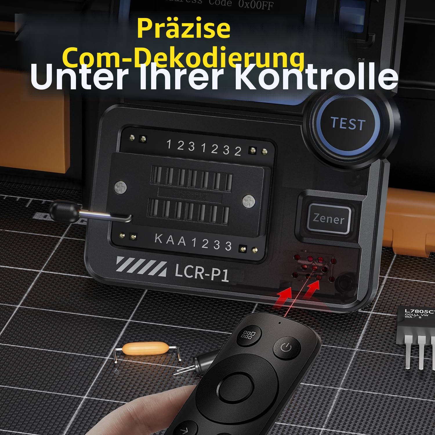 LCR-P1 Transistor-Tester, Multifunktions-Infrarot-NPN-PNP-MOSFET-Tester, 1,44-Zoll-Farbbildschirm USB Typ-C, Diode Transistor Kondensator LCR Widerstand ESR Messgerät, Transistor