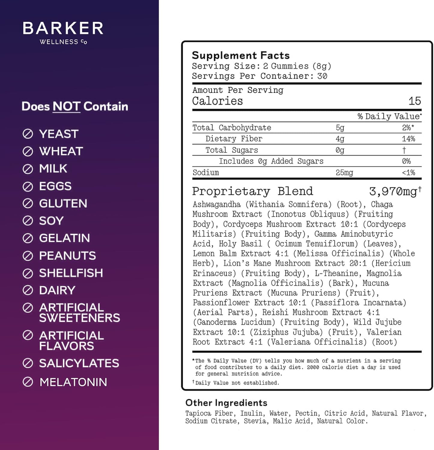 Barker Wellness Nighttime Vegan Sugar-Free Adaptogen Mushroom Gummies – Reishi, Lion's Mane, Chaga, Cordyceps for Calm, Rest & Recovery – Non-GMO Sleep Support & Relaxation Supplement, 60 Count