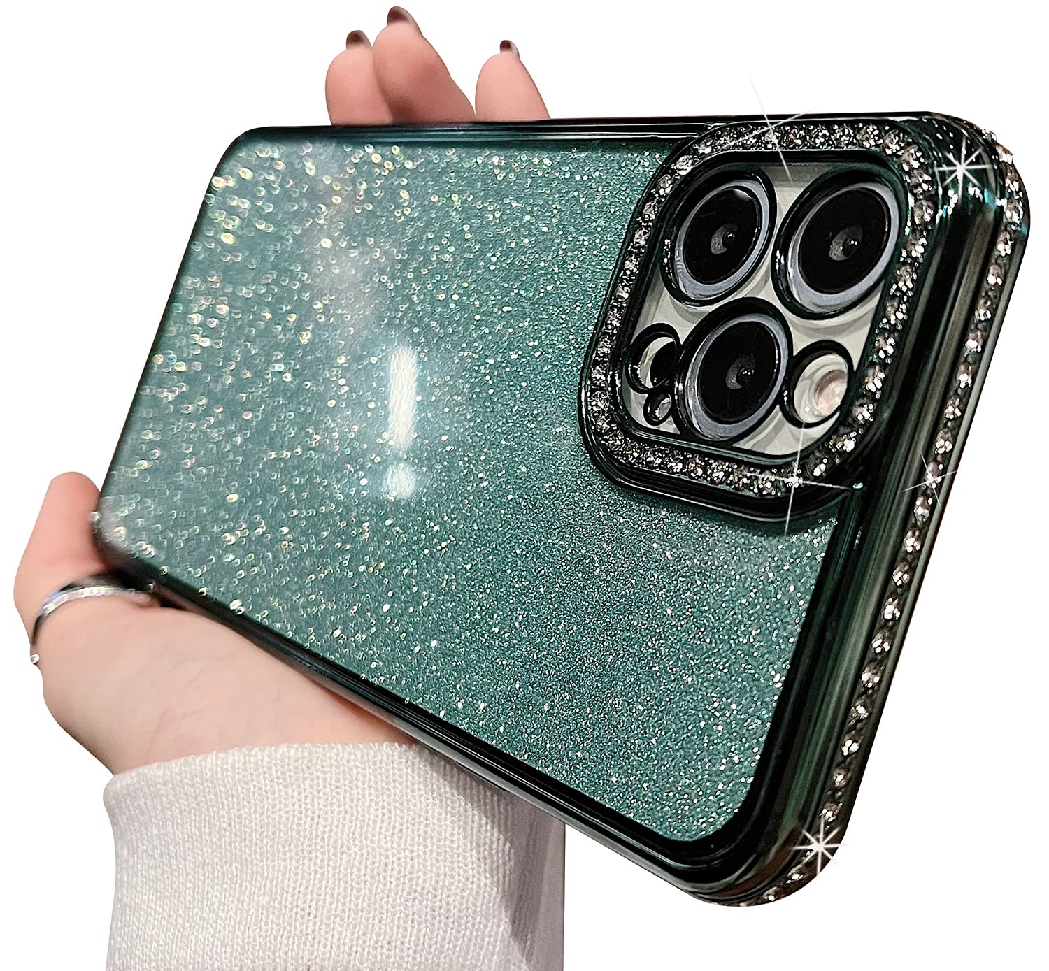 MINSCOSE Clear Glitter Case for iPhone 13 Pro Max Case,Luxury Cute Flexible Sparkly Rhinestone Case with Bling Crystal Shockproof Camera Lens Protector Design for Women Girls-Green