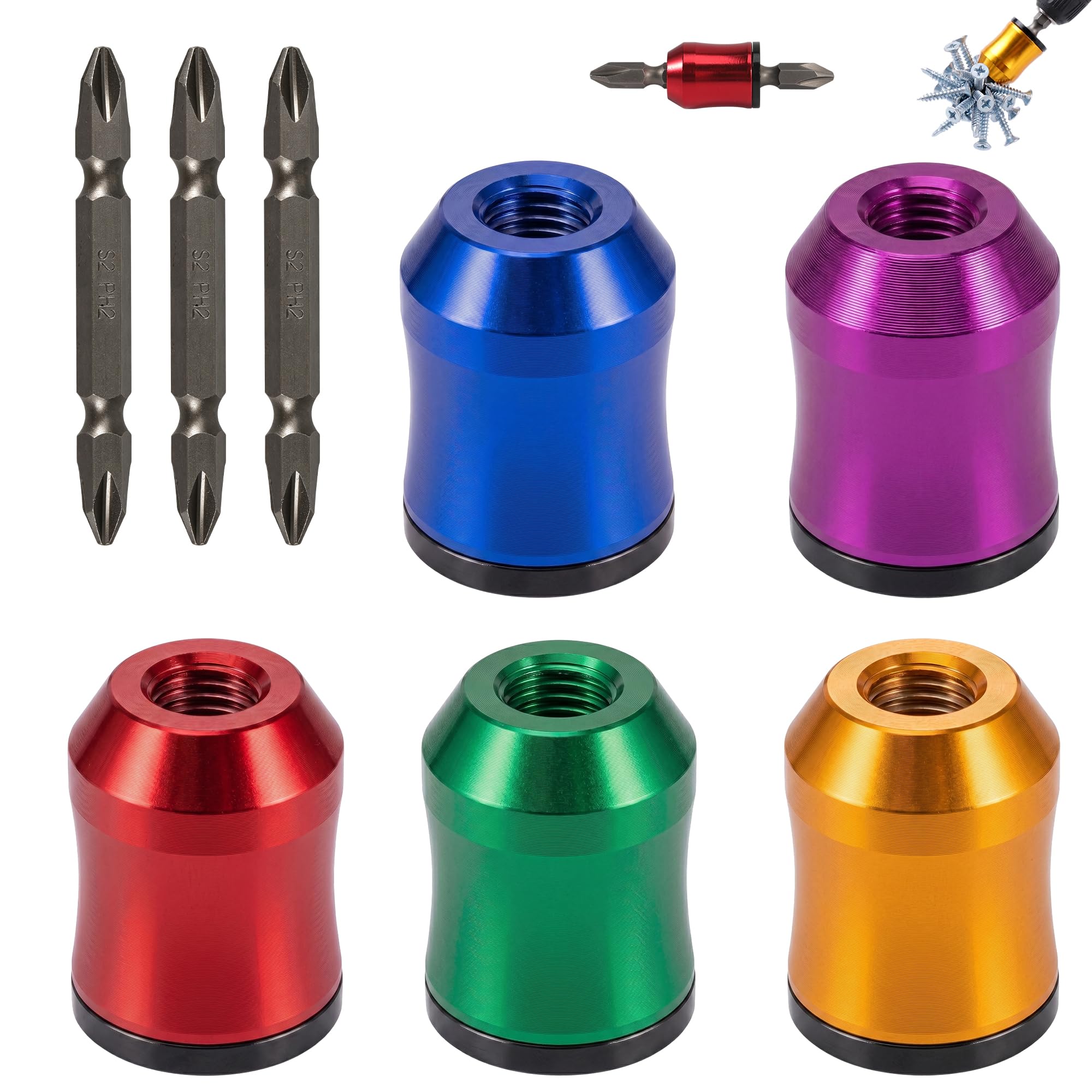 Vokmon 5 Pcs Bit Magnetizer Ring with Bits, Aluminum Magnetic Screw Holder