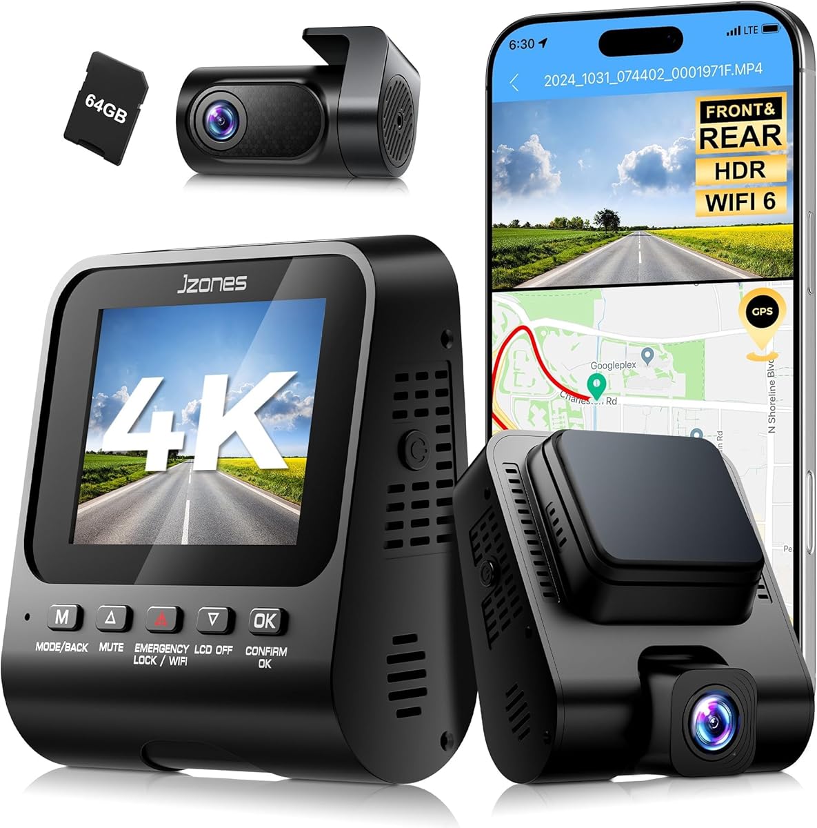 Dash Cam Front and Rear: 4K+1080P FHD Dual Dash Camera for Cars with Night Vision, 2 Channel HDR Dash Camera, 24H Parking Mode Car Camera, Built-in GPS, WiFi 6, Free 64GB Card : Electronics