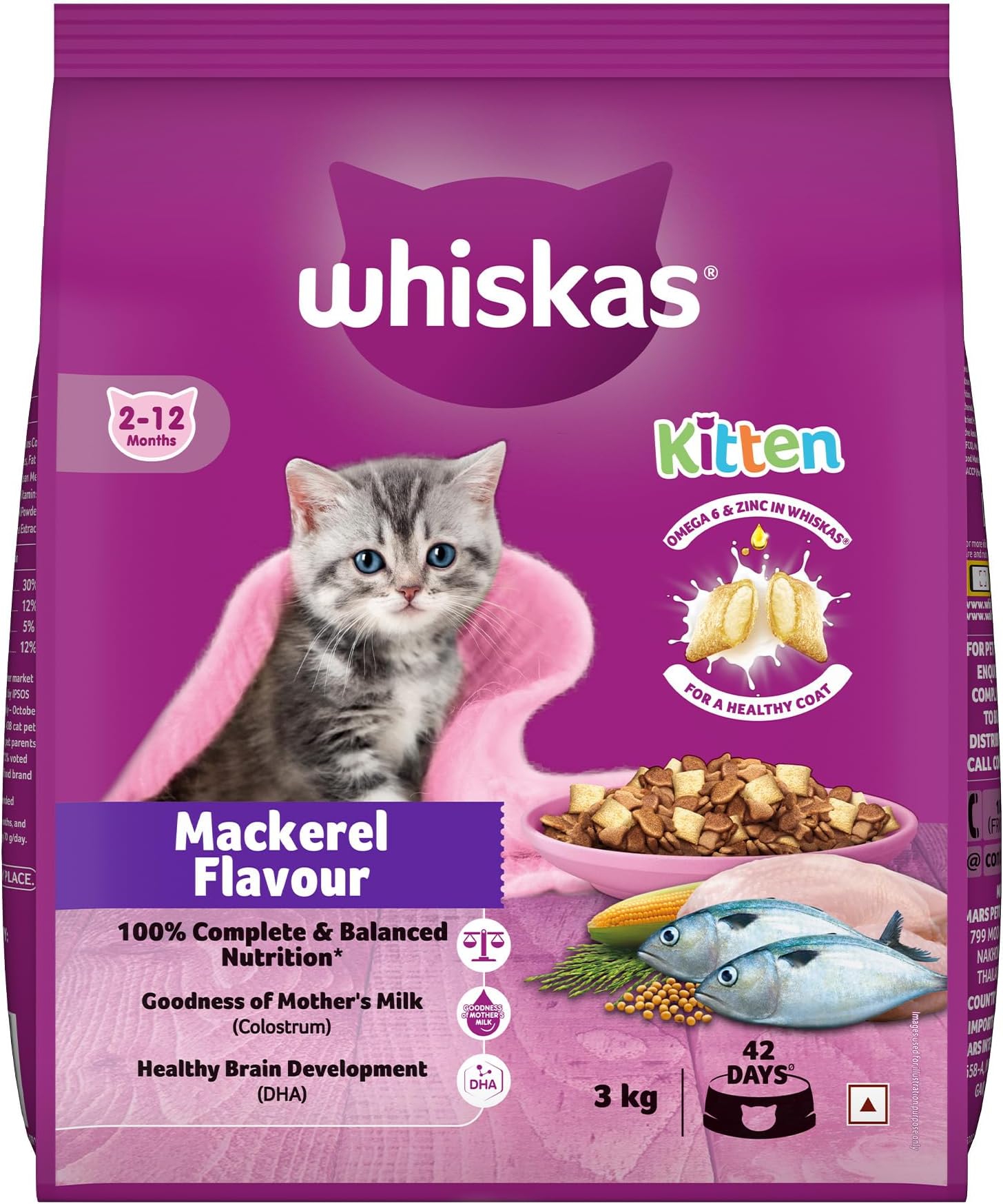 - Whiskas Junior Mother Cat & Kitten (2-12 Months) Dry Cat Food, Mackerel Fish Flavour, 3 kg, Contains 41 Essential Nutrients, Complete & Balanced Nutrition for Mother Cats & Kittens