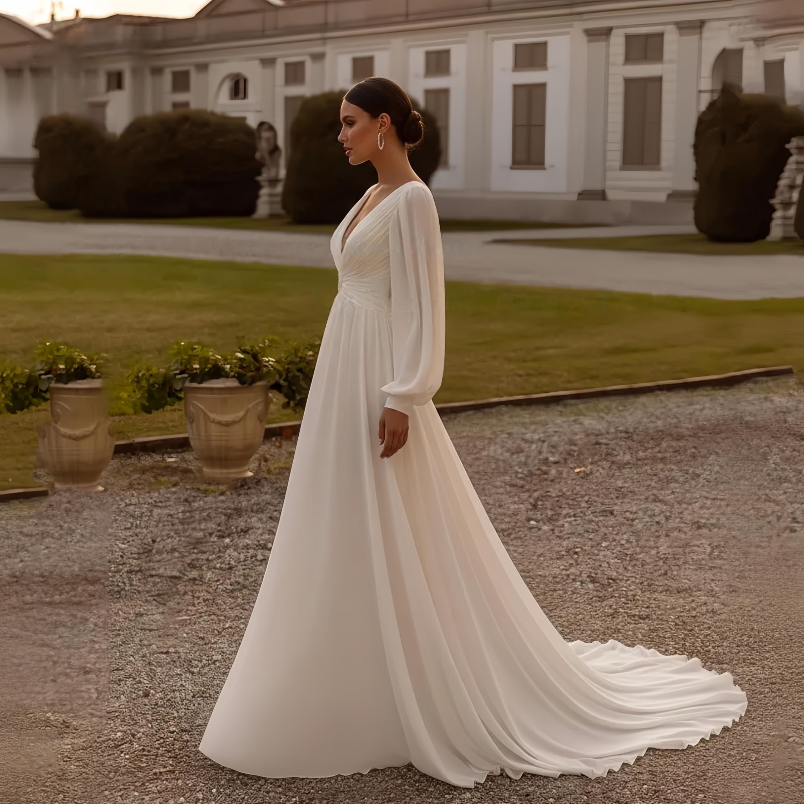 TSxuelian Abito da sposa civile in chiffon A-Line con maniche a sbuffo scollo a V senza schienale Vestido Noiva abiti da sposa minimalista