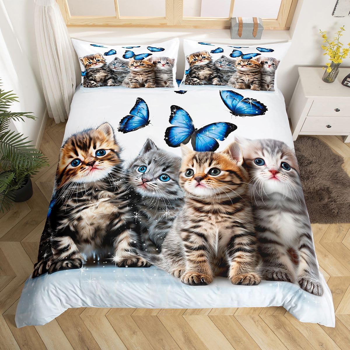 Cats Kids Bedding Set Cute Kitten Pattern Comforter Cover for Girls Boys Women Kawaii Cat Animal Printed Duvet Cover Blue Butterflies Decor Quilt Cover Lovely Cat Pattern Bedspread, Twin Size