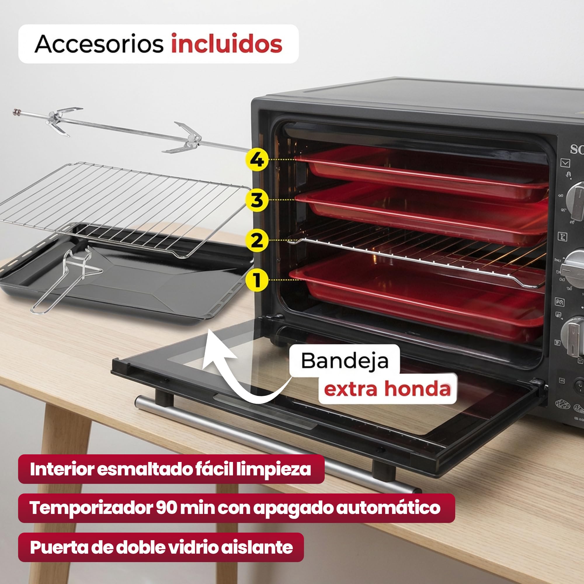 Sogo Horno Sobremesa de Convección 70L - Horno Eléctrico con Rustidor para Asados Jugosos - Horno Multifunción con Gratinador para Recetas Crocantes - Ideal para Cualquier Plato