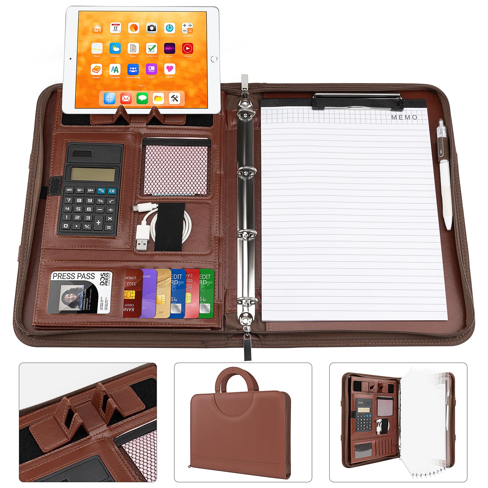 Pechor Leather Zipper Conference Folder A4 Portfolio Travel Document Folder Business Clipboard, Personal Organiser Waterproof with Handles for Interview Meeting Office (Brown)