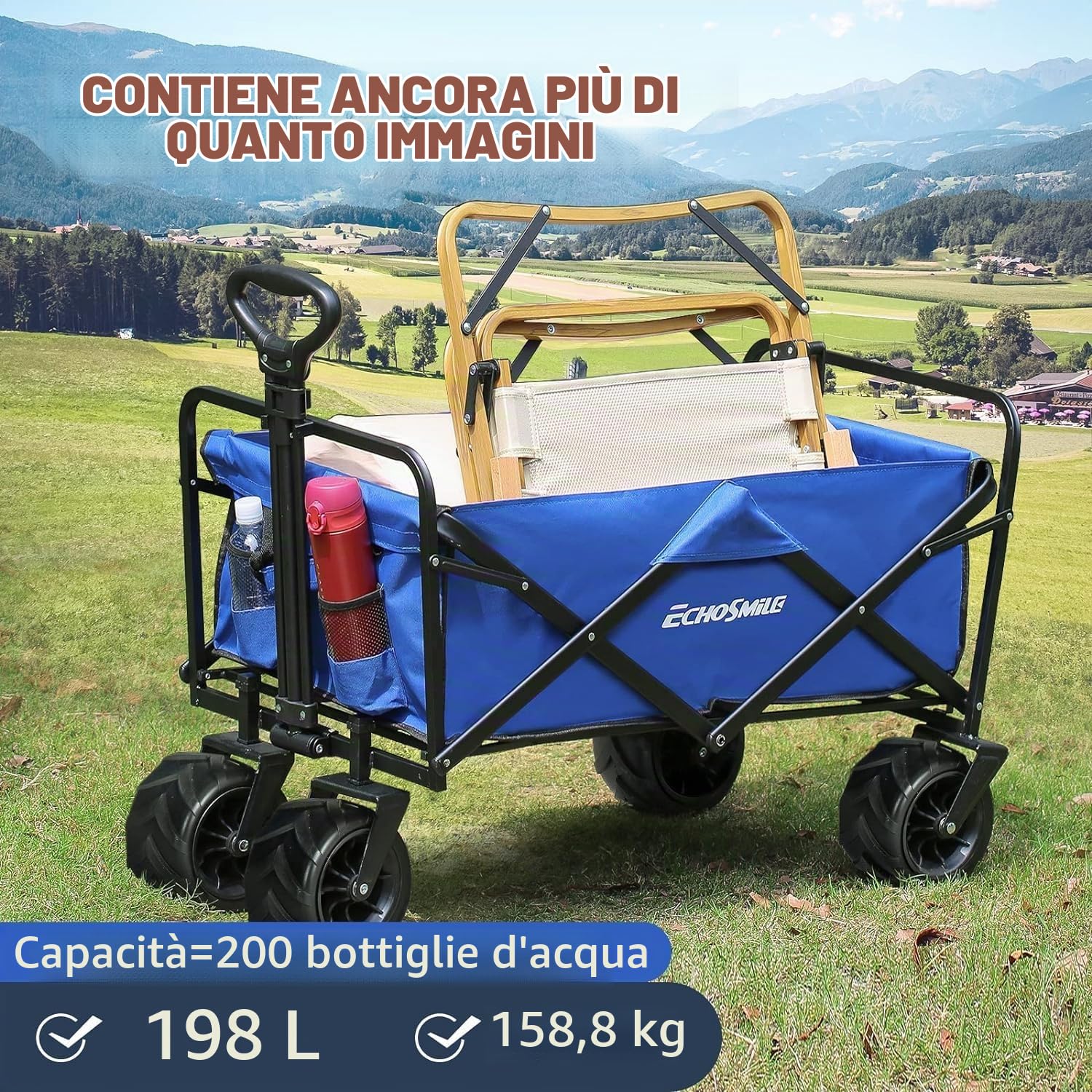 EchoSmile Carrello Con Ruote Portatutto, Carrello Pieghevole Capacità 160 KG, Ruote Grandi, Braccioli Regolabili, Carrello da Giardino Campeggio Spesa