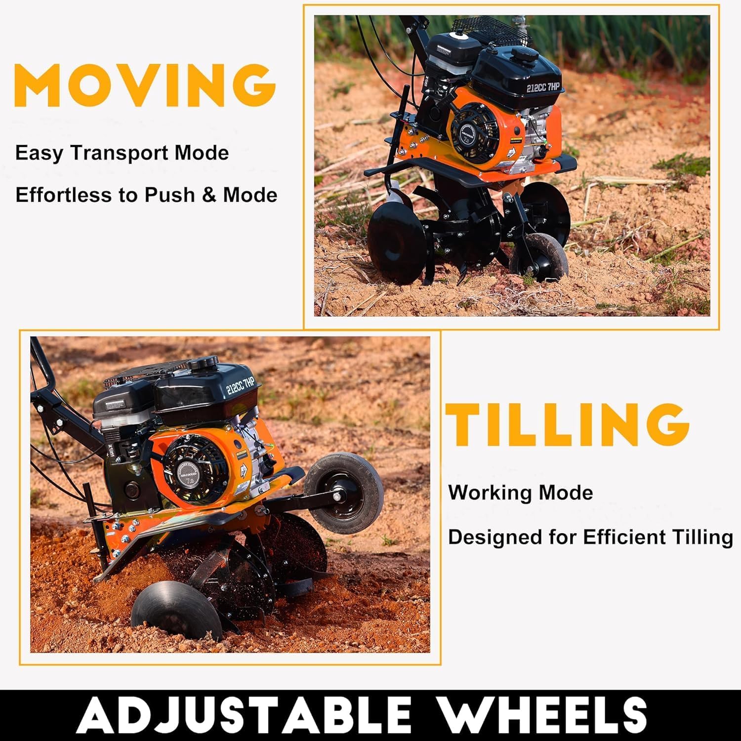 212cc 4-Cycle 7HP Gas Powered Tiller Cultivator - 22" Heavy-Duty Steel Tines Rototiller, Adjustable Wheels and Handle, Forward/Reverse for Plowing, Tilling, Weeding in Garden, Farm (Light Orange)