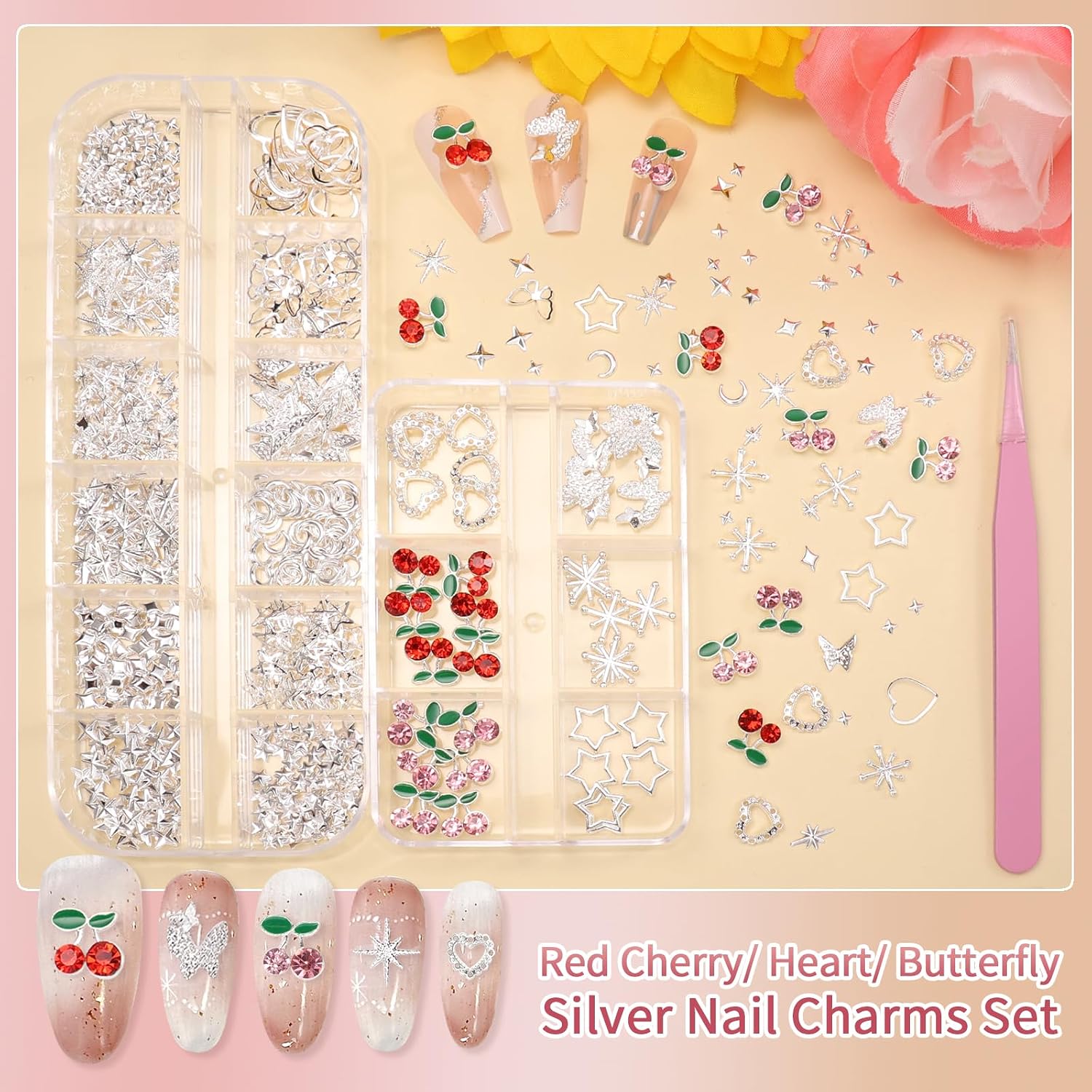 Silver Nail Charms and Gems, 3D Cherry Nail Art, Alloy Butterfly Star Nail Art Charms, Multi Shapes Butterfly Star Nail Studs Rivets Charm for Nail Art and DIY Crafts
