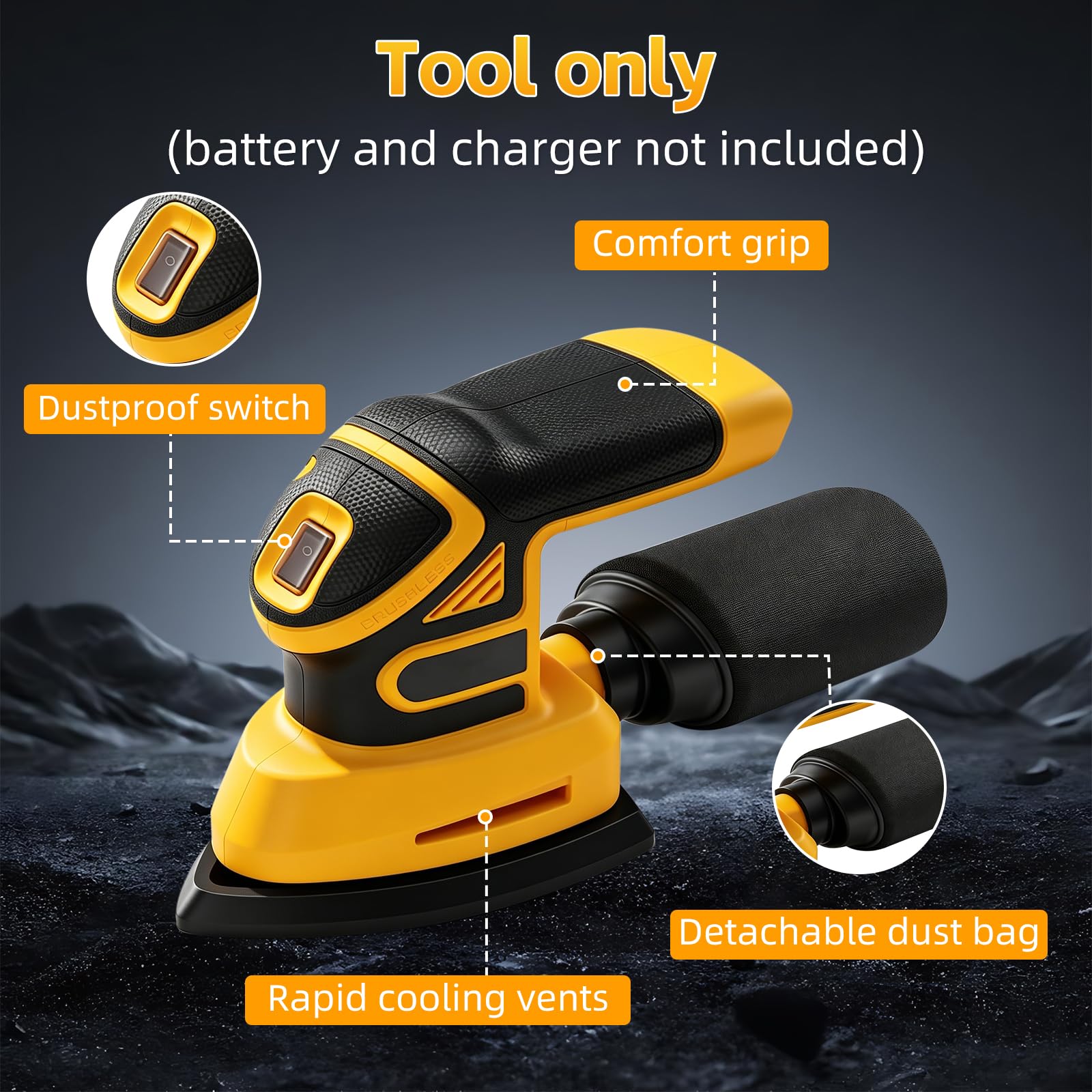 Lijadora Delta Inalámbrica Compatible con Dewalt 20V, Lijadora Multifunción con Bolsa de Recolección de Polvo 12 Hojas Abrasivas Para Lijar, Pulido y Trabajo Madera (sin Batería)