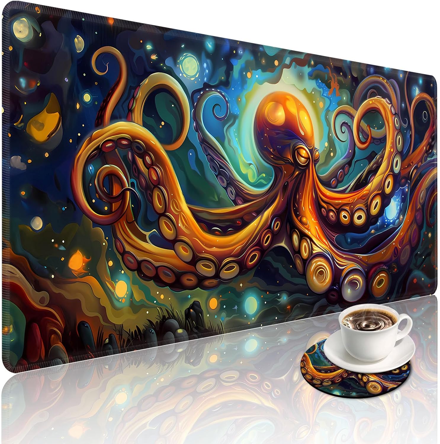 Large Desk Mat with Stitched Edges, Octopus Oil Painting Office Desk Pad, Anime Gaming Mouse Pad, Extended Keyboard and Mouse Mat,35.4x15.7 inch Waterproof Desk Writing Pad for Office and Home
