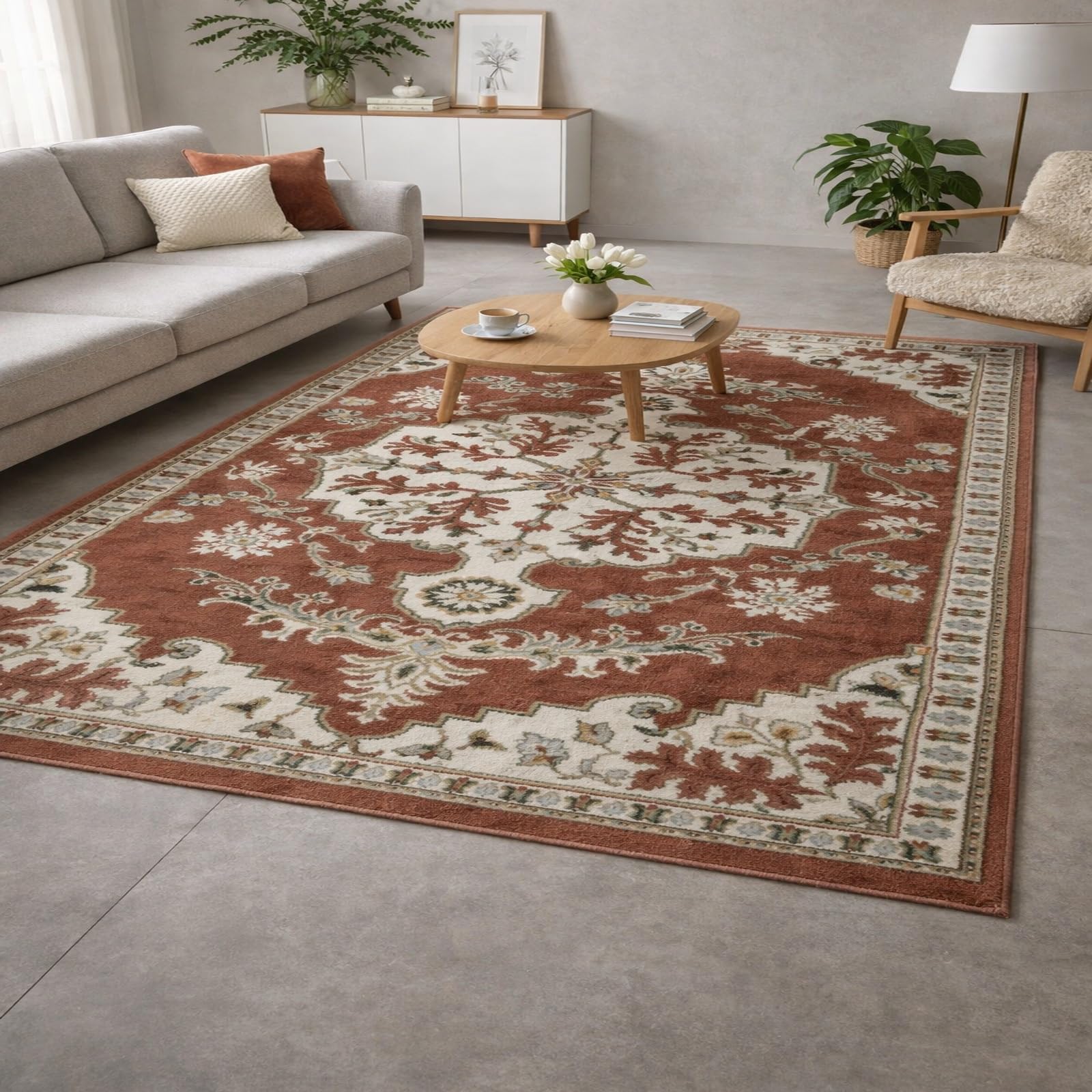Tapis de salon oriental rouge 150x210 cm vintage rectangulaire lavable