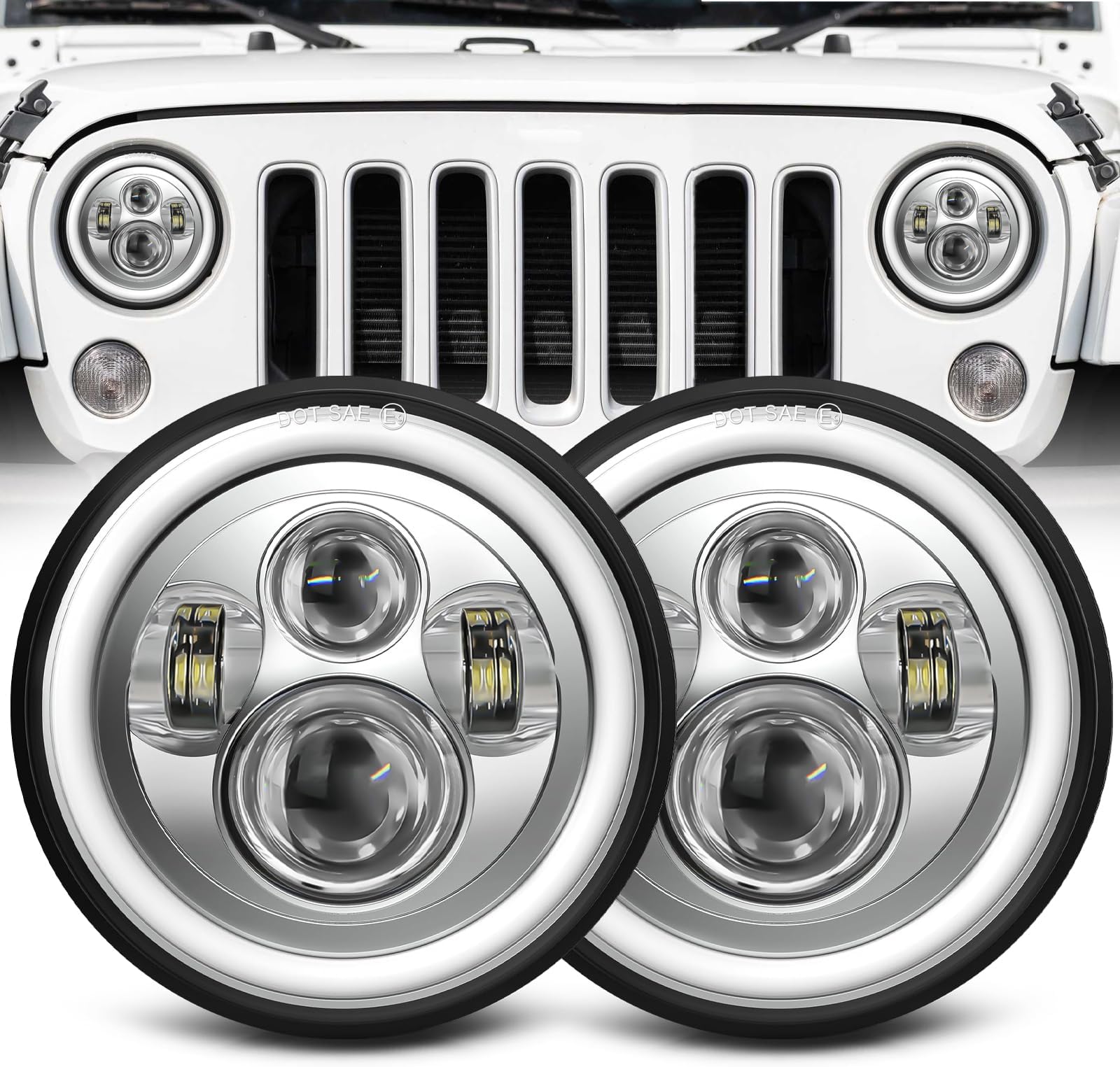 ZIMABLUE 7 inch led Headlight Chrome Round Projector 7 inch Halo led Headlight H6024 DOT Approved Hi/Lo Beam DRL Amber Turn Signal Compatible with Jeep Wrangler JK TJ CJ Compatible with Chevy miata