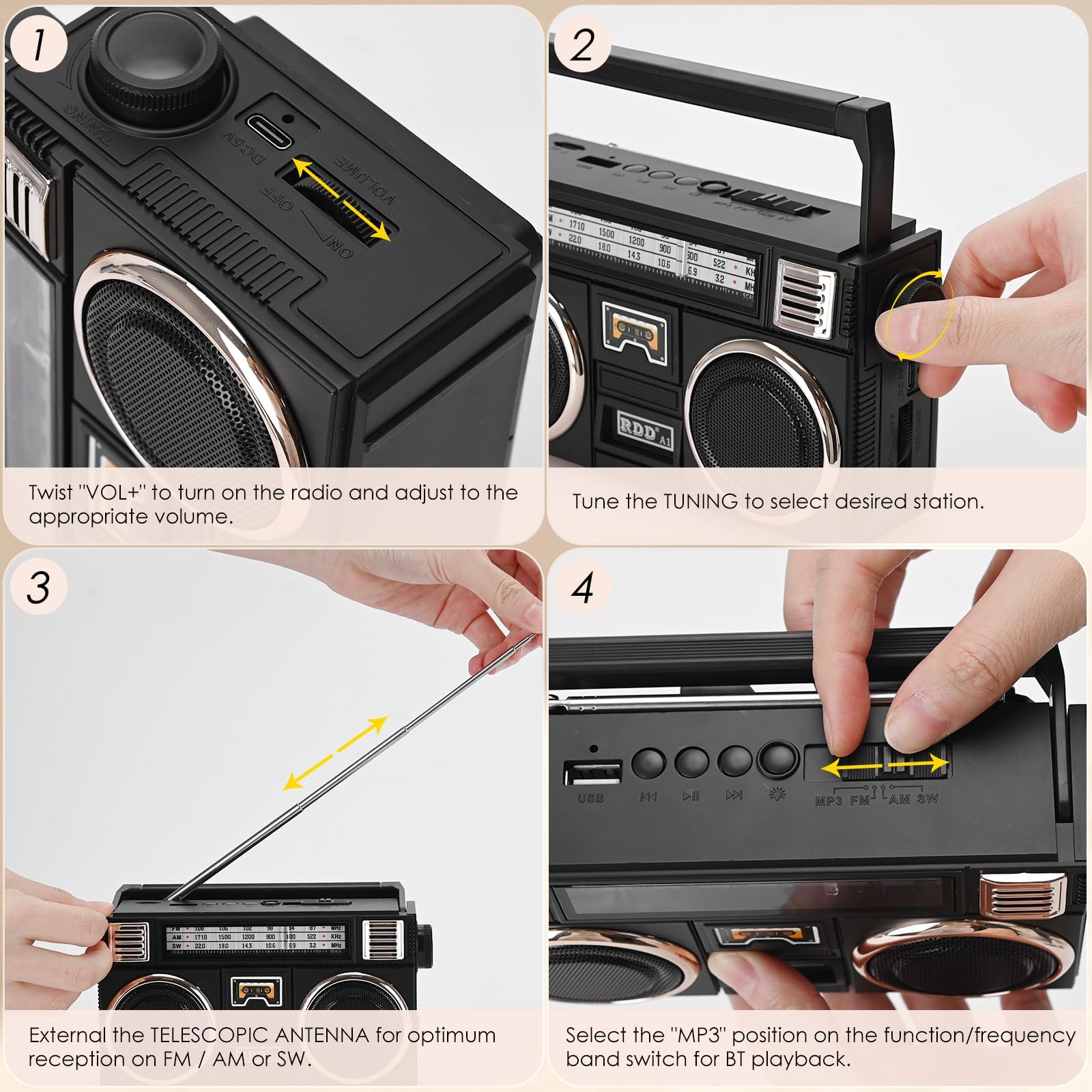 Radio FM AM SW Portable avec Bluetooth, Panneau Solaire et Lampe Torche, Lecteur MP3 USB/TF, Batterie Rechargeable - Radio numérique à Batterie pour la Maison et l'extérieur Noir (Classique, Noir)