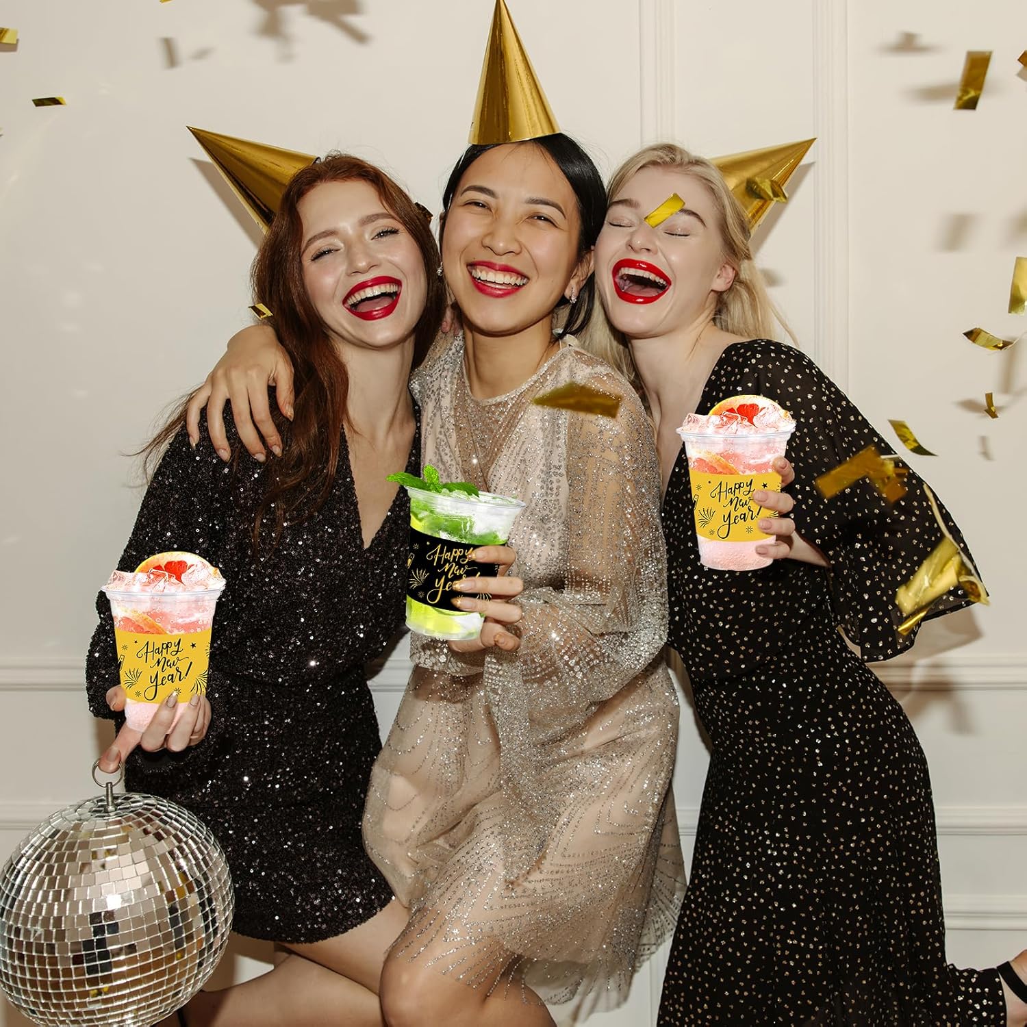 Whaline 100 Pcs 12 Oz Happy New Year Disposable Cup Black Gold Plastic Party Cup Clear Glasses for New Year's Eve Christmas Holiday Coffee Juice Drink Party Supplies - Image 6