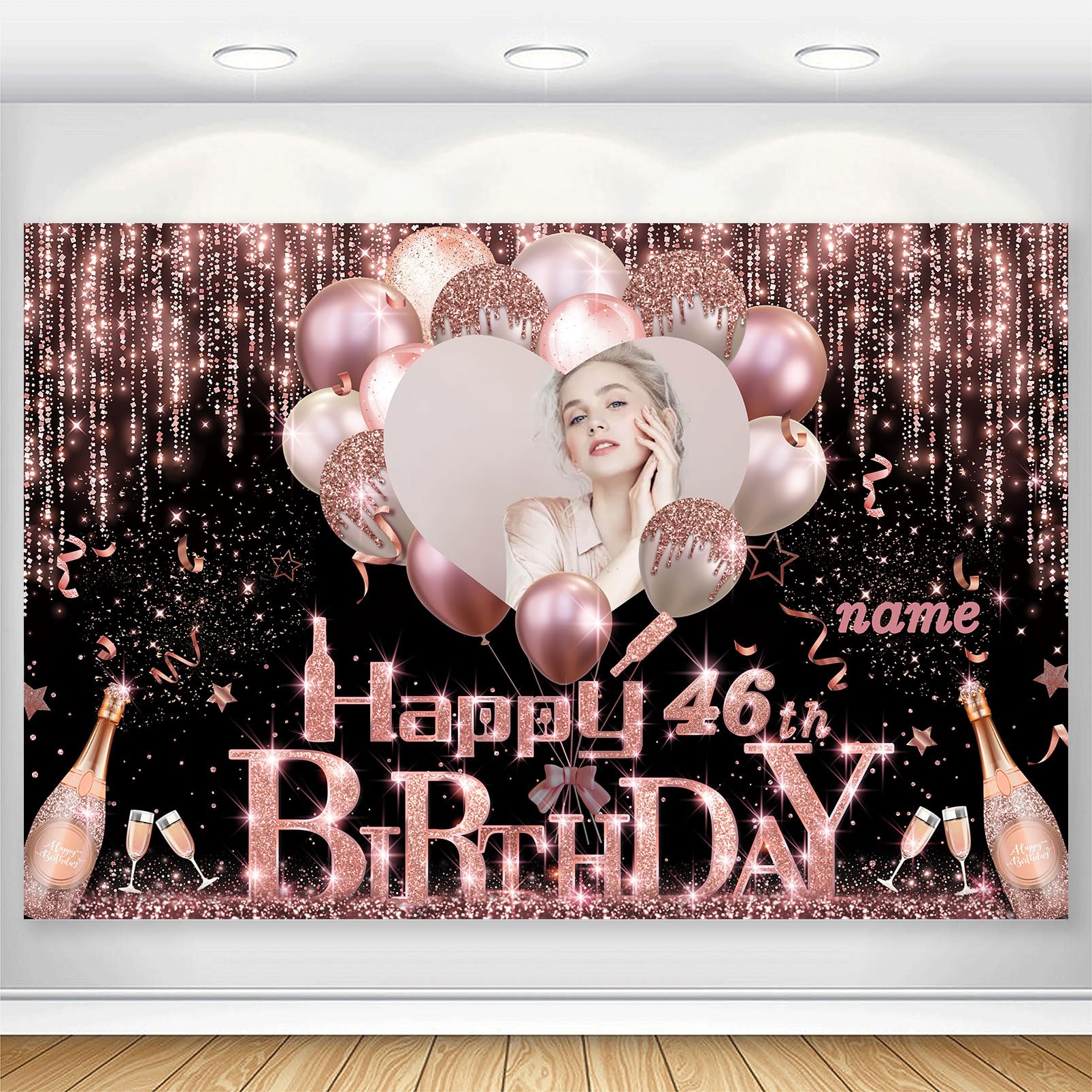AUBAO Custom Rose Gold Happy Birthday Banner Backdrop Birthday Decorations Party Supplies for Girl Women(46th)