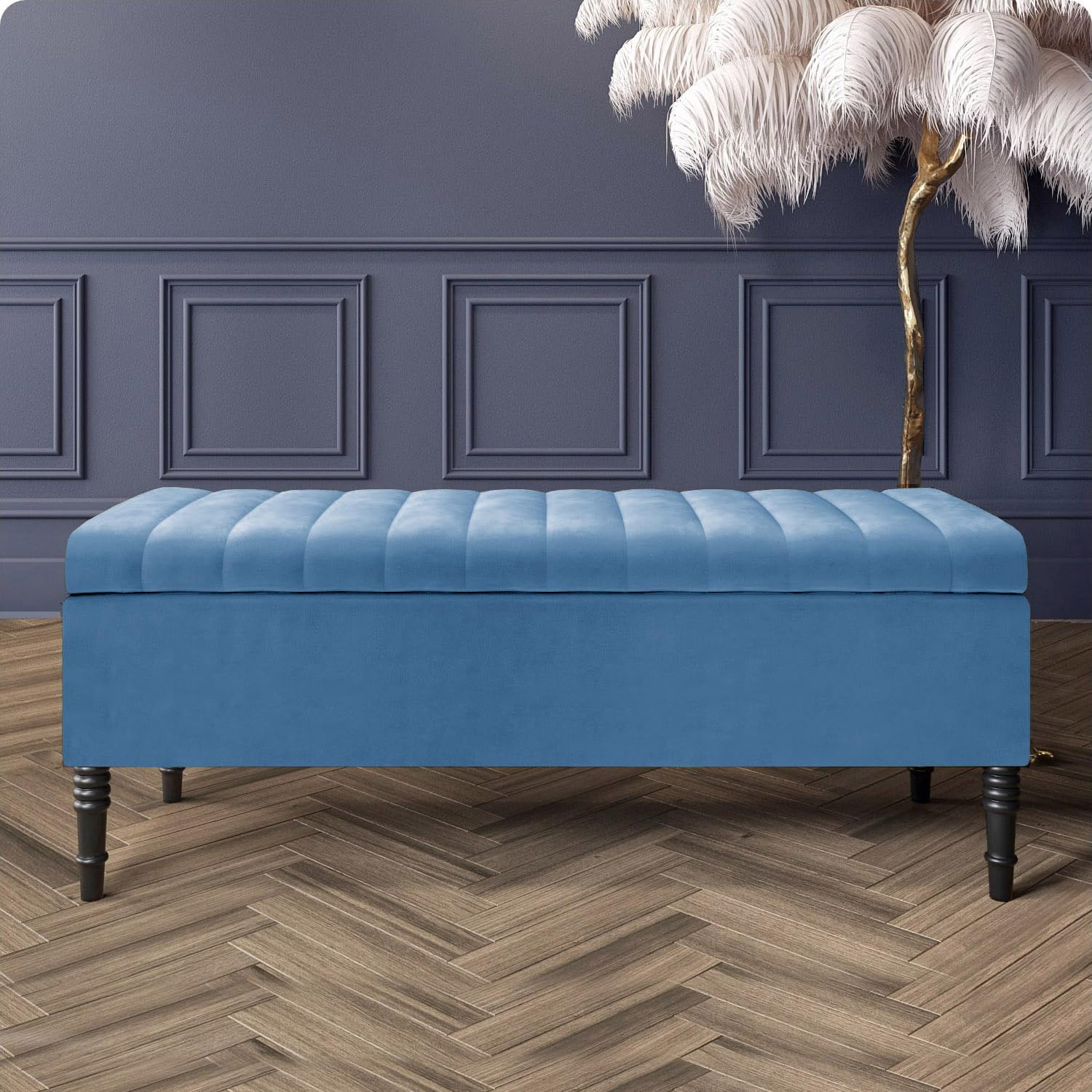 Paris Velvet Ottoman Storage Bench with Legs, End of Bed Blanket Box with Extra Deep Hidden Storage & Hinged Lid, Upholstered Ottoman Storage Box, Shoe Storage Ottoman, Padded Entryway Seat