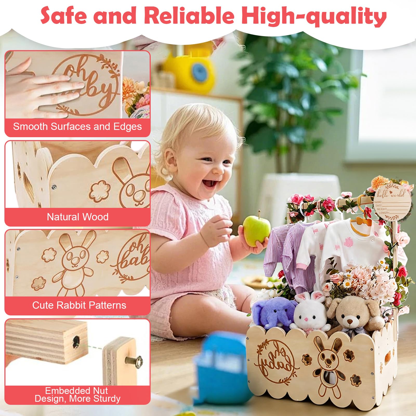 Holz Baby Geschenk Korb mit Griff - Baby Aufbewahrungskorb, Babyparty Schrank mit Namensschilder Holz, Girlanden Kunststoff und 4 Kinder KleiderbüGeln für Neugeborene Babyparty Neue Eltern