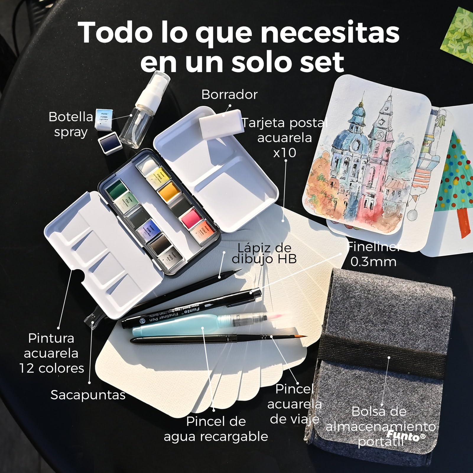 Funto Set de viaje de acuarela, 12 colores, 10 postales premium, pincel, pincel de tinta, bolígrafo fineliner, lápiz, conjunto de pintura para adultos, principiantes y artistas