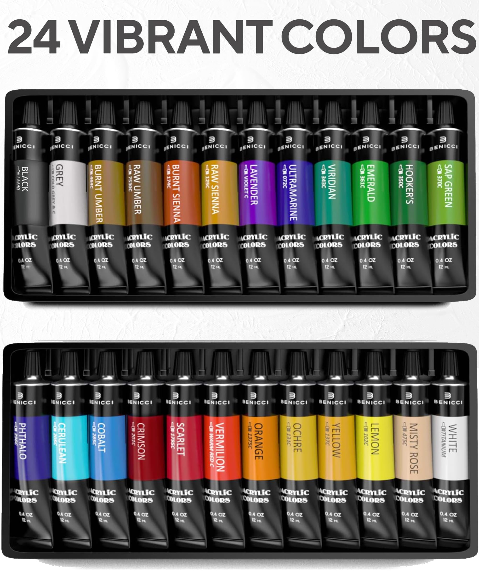 Komplett Acrylfarben-Set, 24х Reichhaltige Pigment Farben - 12 x Art Pinsel mit Bonus Paint Art Messer & Schwamm - Für Malerei Leinwand, Ton, Keramik & Crafts
