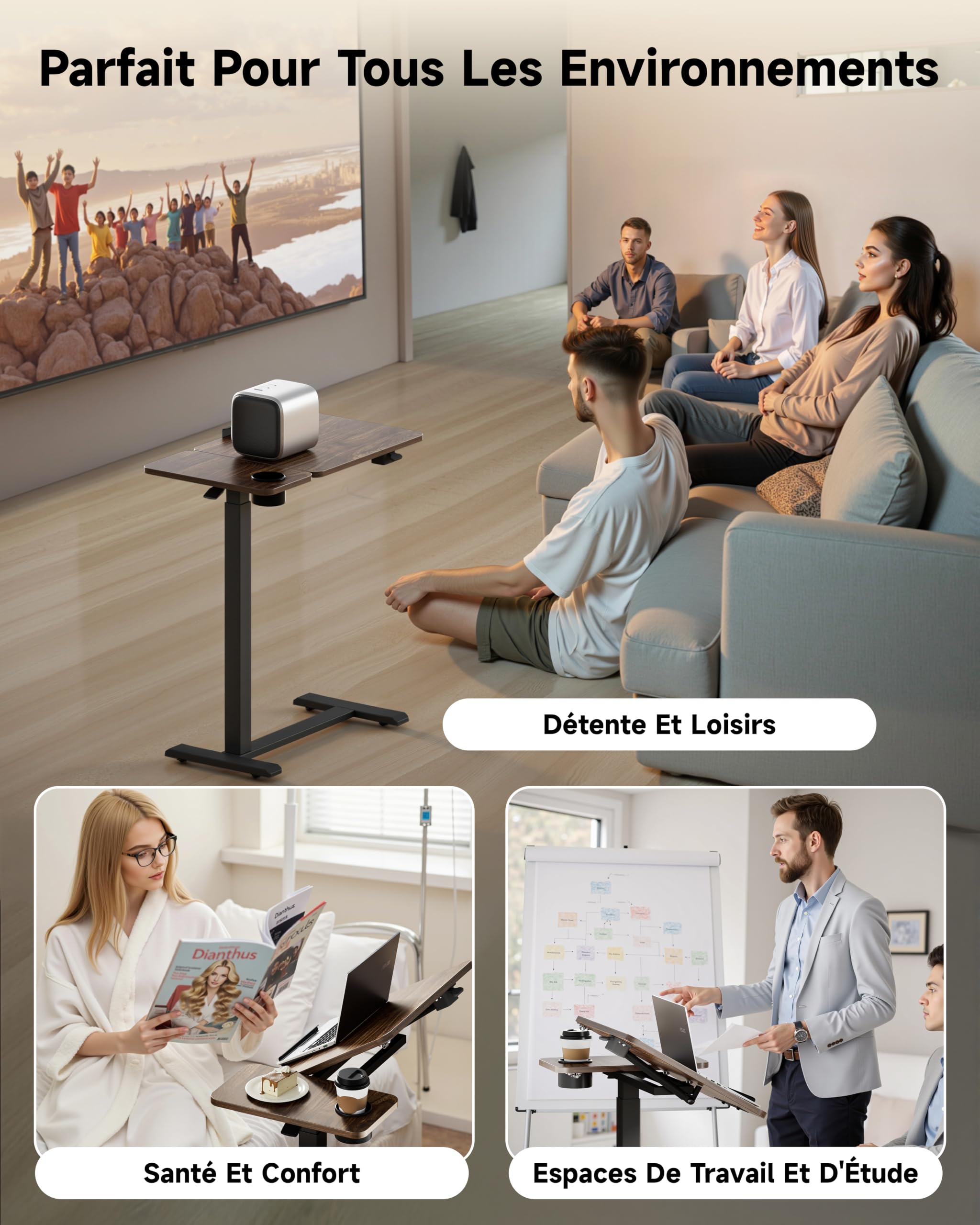BIZUM Table de lit mobile pneumatique à hauteur réglable, plateau inclinable, roulettes escamotables, table médicale 70x40 cm, idéale pour soins, lecture et télétravail, Noyer