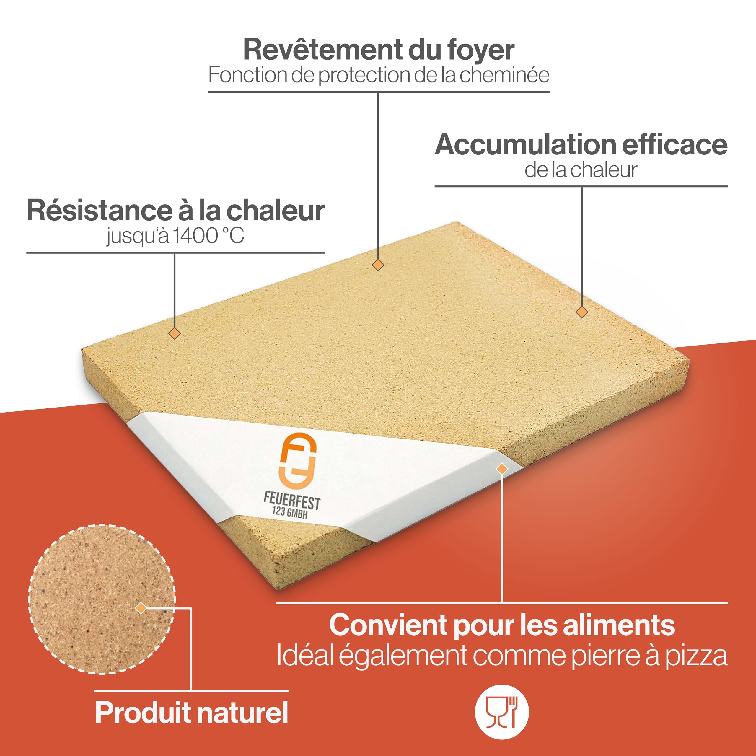 Plaque réfractaire, briques réfractaires comme revêtement de poêles et cheminées, résistant à la chaleur jusqu'à 1400 °C, chamotte pour une accumulation efficace de la chaleur [400x300x20 mm]