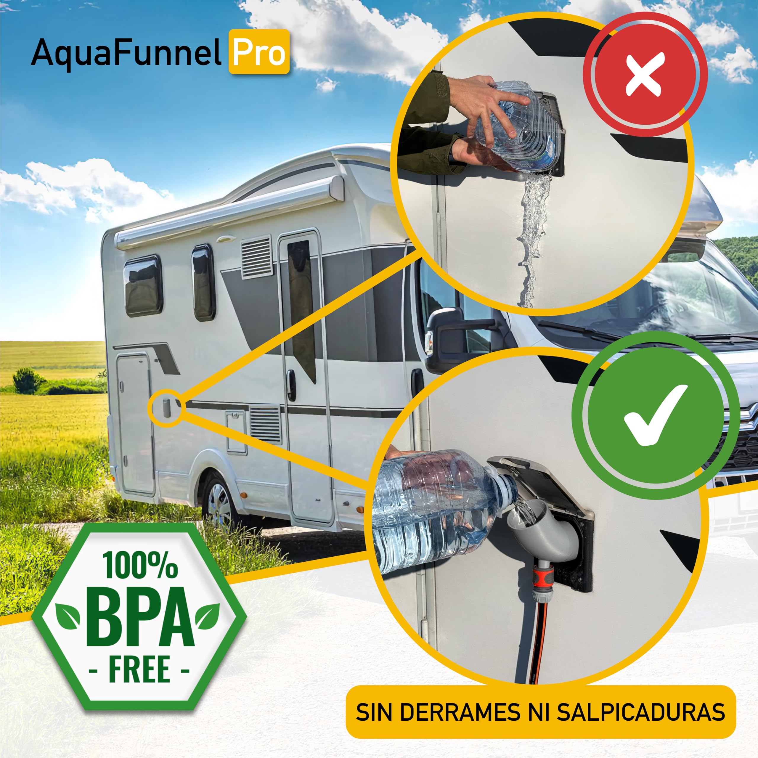 AquaFunnel Pro – Embudo para depósito de agua limpia de autocaravanas y campers, compatible con tapones estándar europeos, llenado con botellas y manguera. (78 mm - 3 pins)