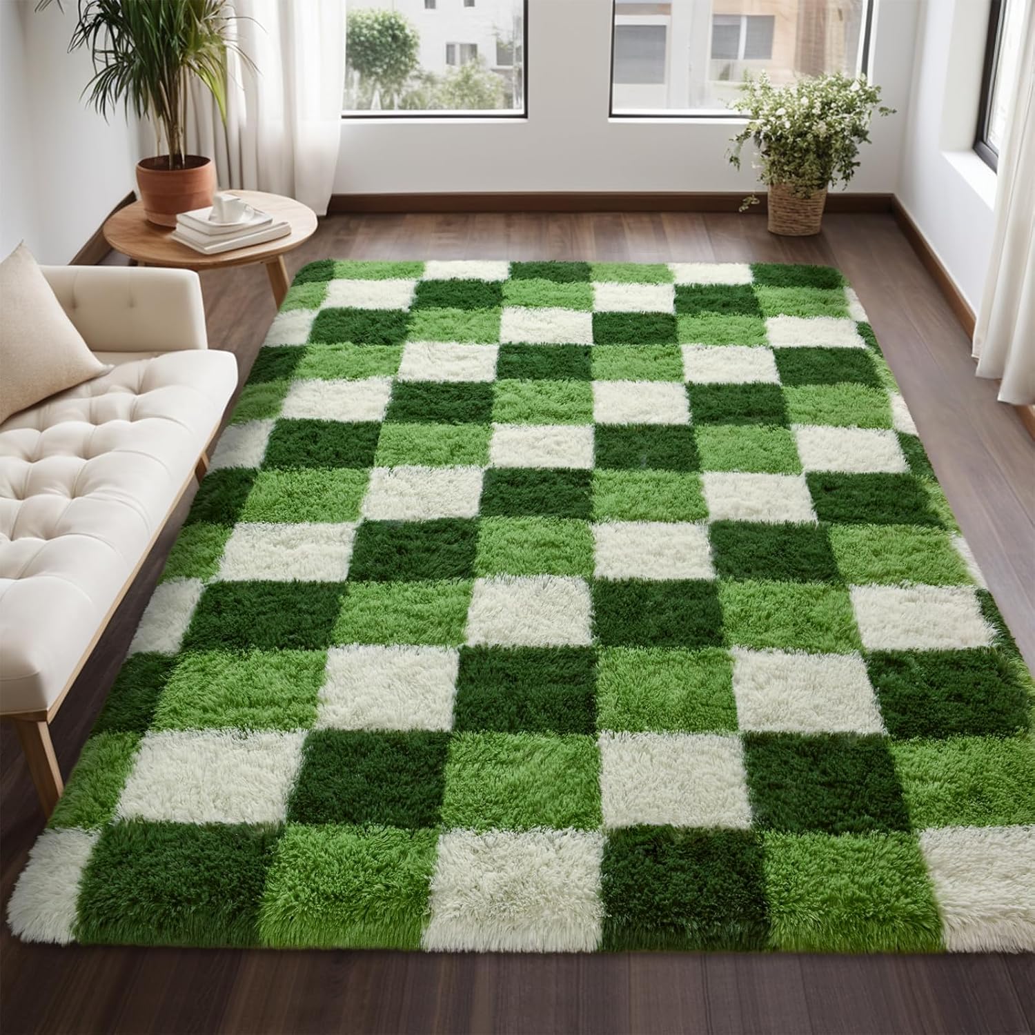 Nuttumico Modern Checkerboard Rug for Living Room Bedroom, 4x6 Ft Green Checkered Fluffy Carpet, Thickened Memory-Foam Area Rug for Kids Nursery Dorm, Home Decor, Anti-Slip and Easy to Clean