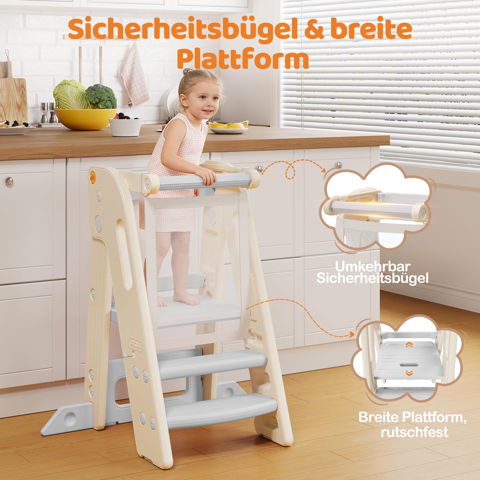 Lernturm für Kinder mit Sicherheitsgeländer, Lernturm Klappbar, Höhenverstellbar, Learning Tower mit Kippschutz & Anti-Rutsch-Trittfläche, für Küche, Badezimmer und Waschbecken (Creme-weiß)