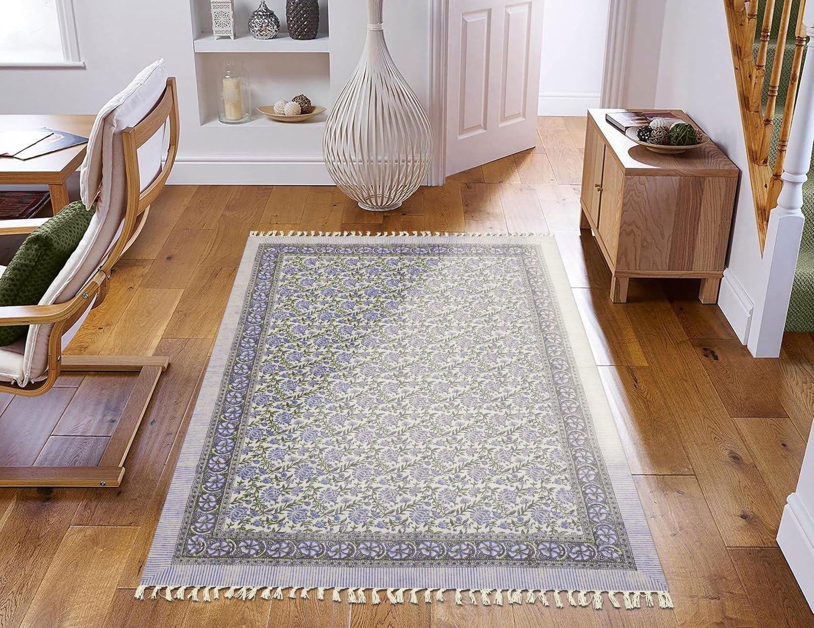 Tappeto per corridoio, 2,6 x 22 cm, spesso 0,5 cm, fatto a mano, stile bohémien, a trama piatta, motivo floreale, viola, beige, stampato a mano, in cotone, facile da lavare, per interni ed esterni