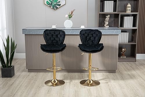 Miniatura 2 de Taburetes de bar giratorios de terciopelo negro, juego de 2 sillas de bar modernas ajustables de altura de mostrador, taburetes de bar de altura