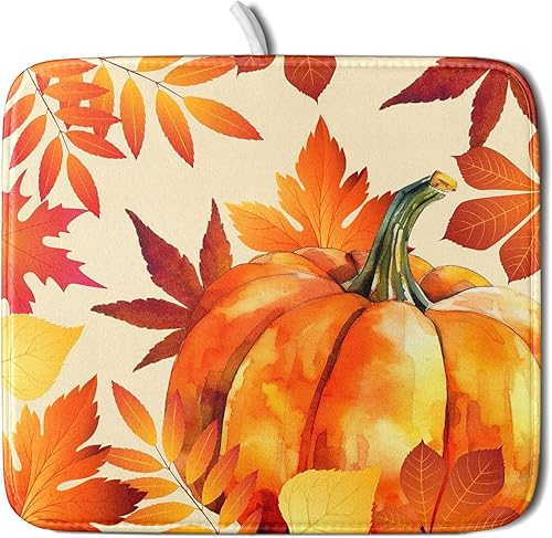 Tapete de secado de platos de hojas de arce y calabaza otoñal para encimera de cocina, tapete de secado de Acción de Gracias con lazo para colgar,
