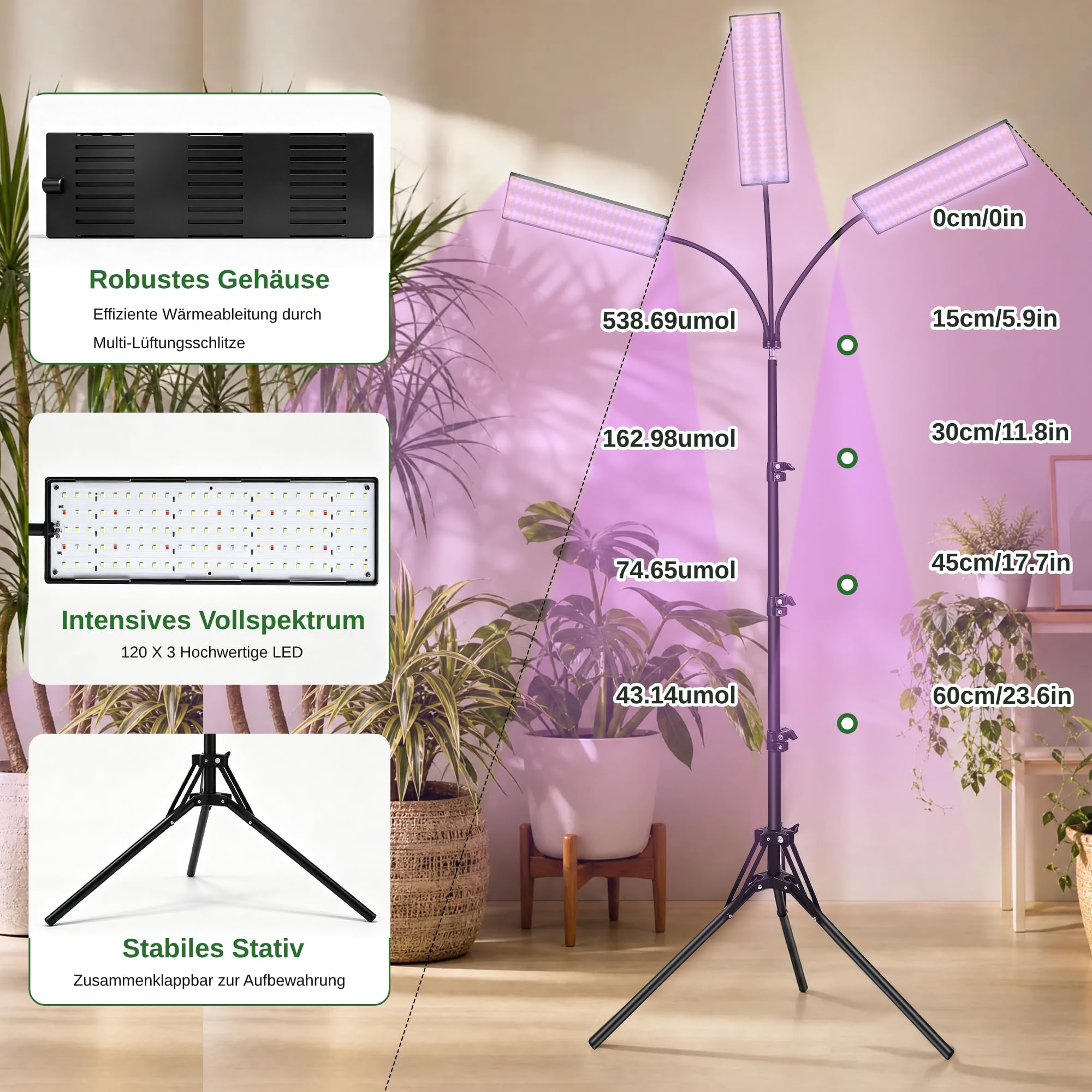 Pflanzenlampe Vollspektrum 360 LEDs, Grow Lampe mit Zyklustimer, dimmbar, höhenverstellbar 80-170 cm, 30 W 3 Köpfe Grow Light mit Ständer für Zimmerpflanzen