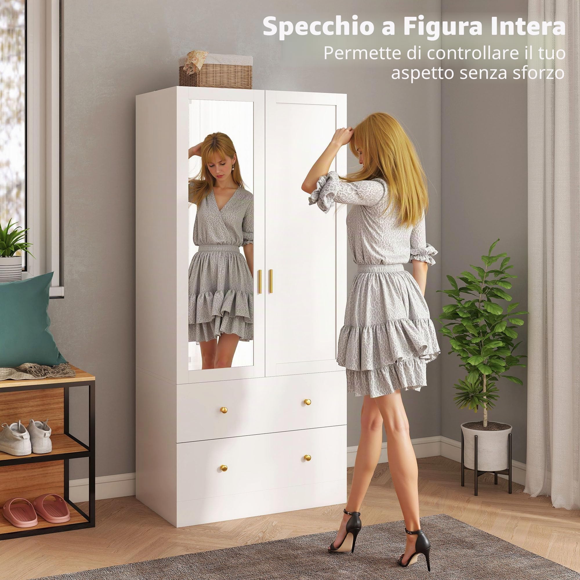 HOMCOM Armadio Moderno con Specchio 80x50x180cm Bianco | Armadio con 2 ante, 2 cassetti e asta appendiabiti
