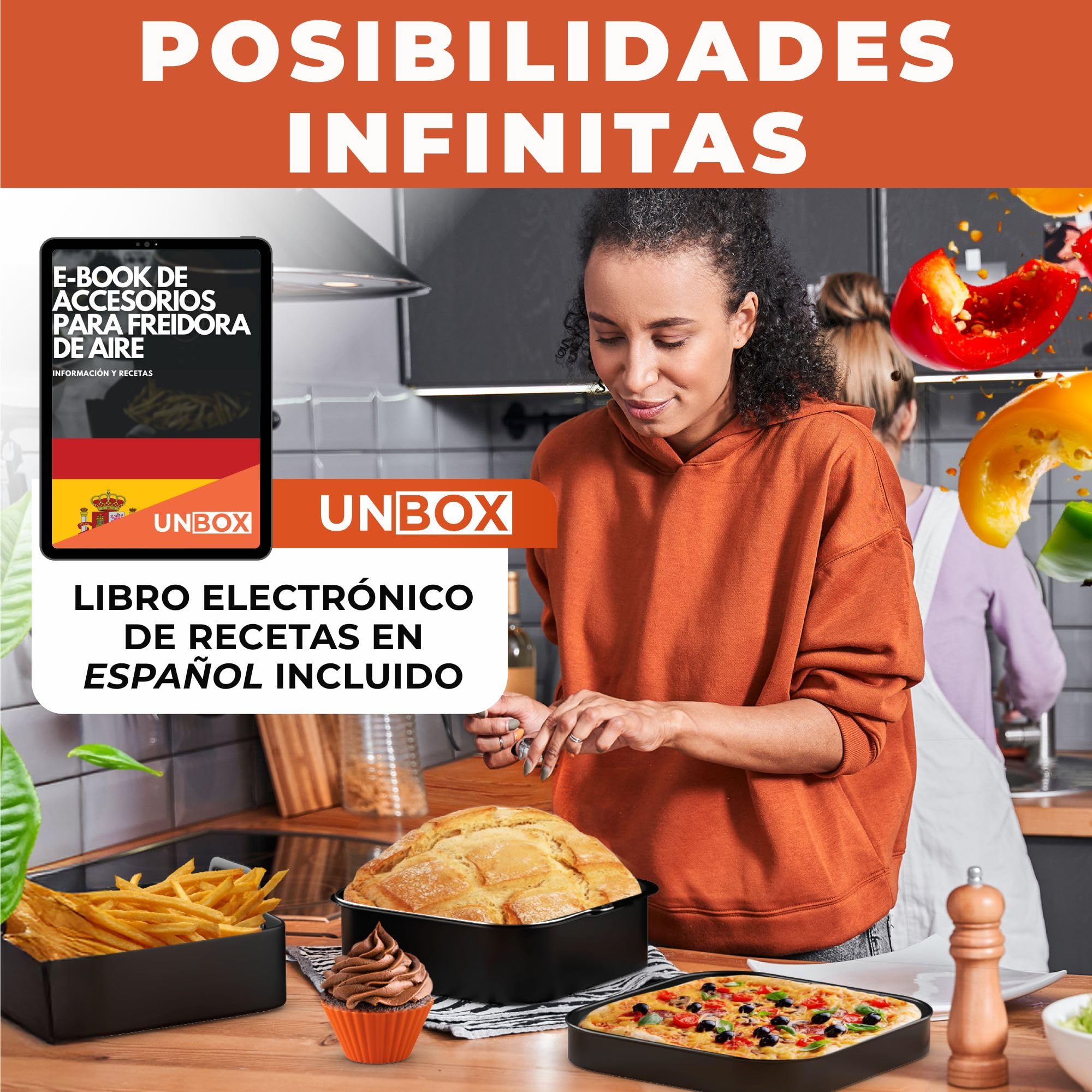 Accesorios Freidora Aire Cuadrada compatible con Cecotec, Cosori, Philips | Compatibilidad universal 5.5-7.5L, Silicona LFGB, sin BPA, apta lavavajillas. Incluye moldes y rejilla para grill