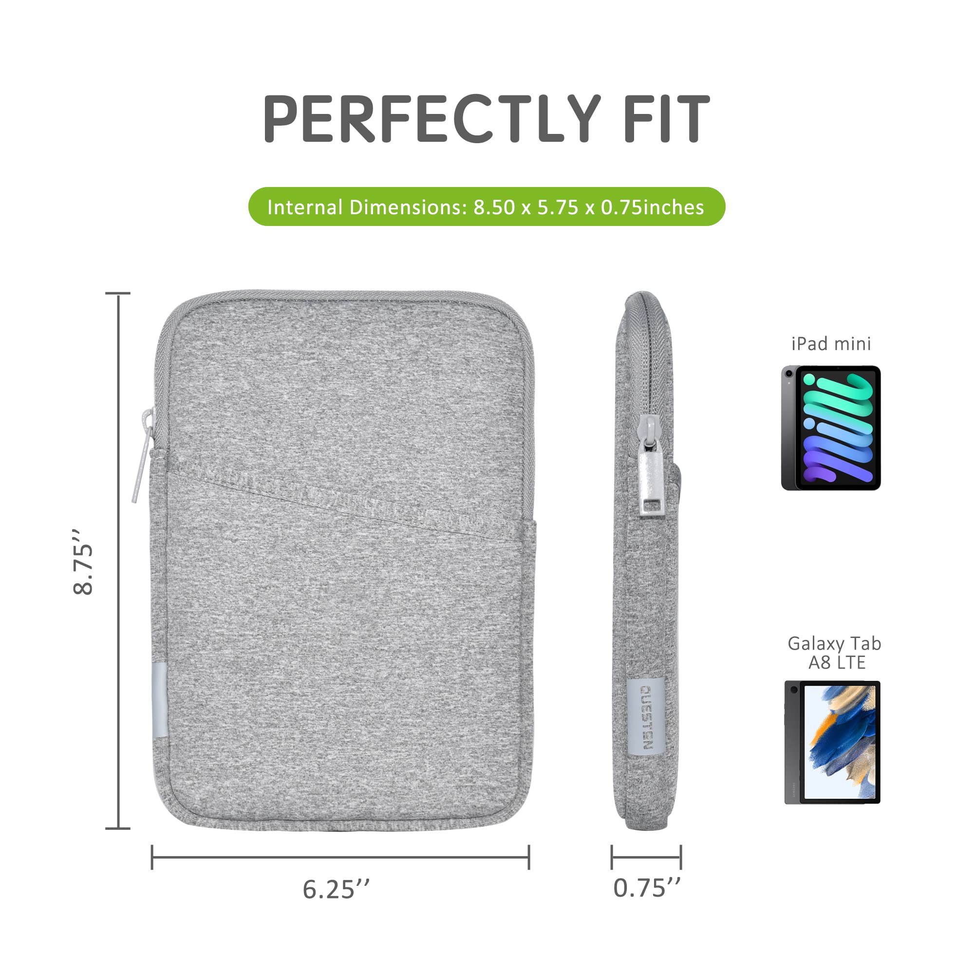 QUESTON Neoprene Sleeve Bag Fit for iPad Mini, Galaxy Tab A8 LTE, Protective Neoprene Bag with Front Pocket