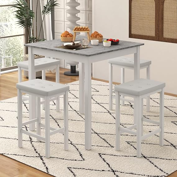 Giantex Dining Table Set for 4, Counter Height Dining Set with 4 Bar Stools, Space-Saving Kitchen Table Chairs Set for Small Place, Dinette, Breakfast Nook (White)