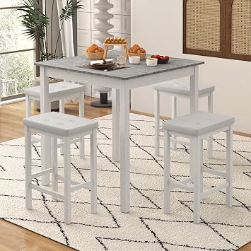 Giantex Dining Table Set for 4, Counter Height Dining Set with 4 Bar Stools, Space-Saving Kitchen Table Chairs Set for Small Place, Dinette, Breakfast Nook (White)