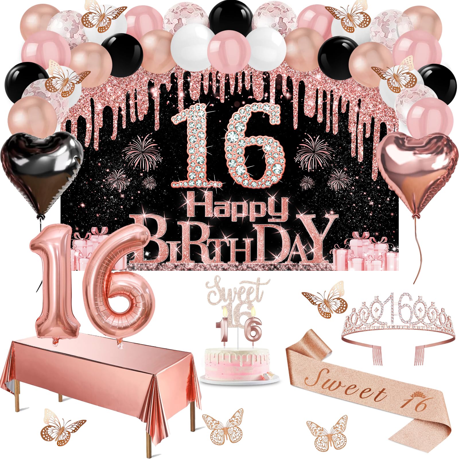 16th Birthday Decorations for Girls, 49pcs Black Rose Gold Black Happy 16th Birthday Banner, Tablecloth, Butterfly Decor, Sash and Tiara, Cake Topper, Candles, Balloons Arch