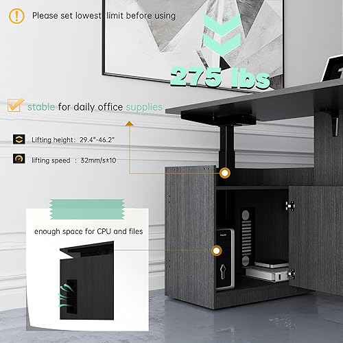 Miniatura 6 de Escritorio ejecutivo en forma de L ajustable de altura de 66.93 pulgadas con marco premontado, cajones y estantes (gris)